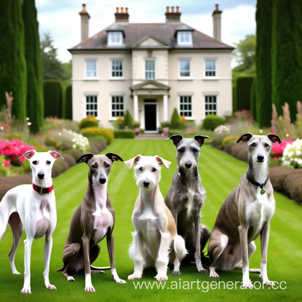 Greyound, galgo, Italian tiny greyhound, westie and Irish wolfhound in a beautiful garden facing a country house
