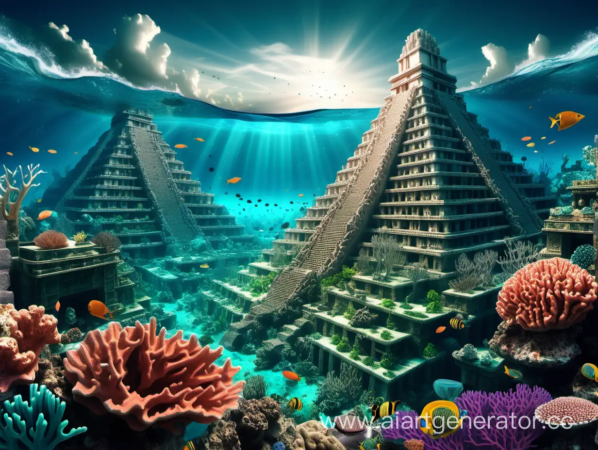 гигантский коралловый риф в котором стоит большой магический город в стиле майя 