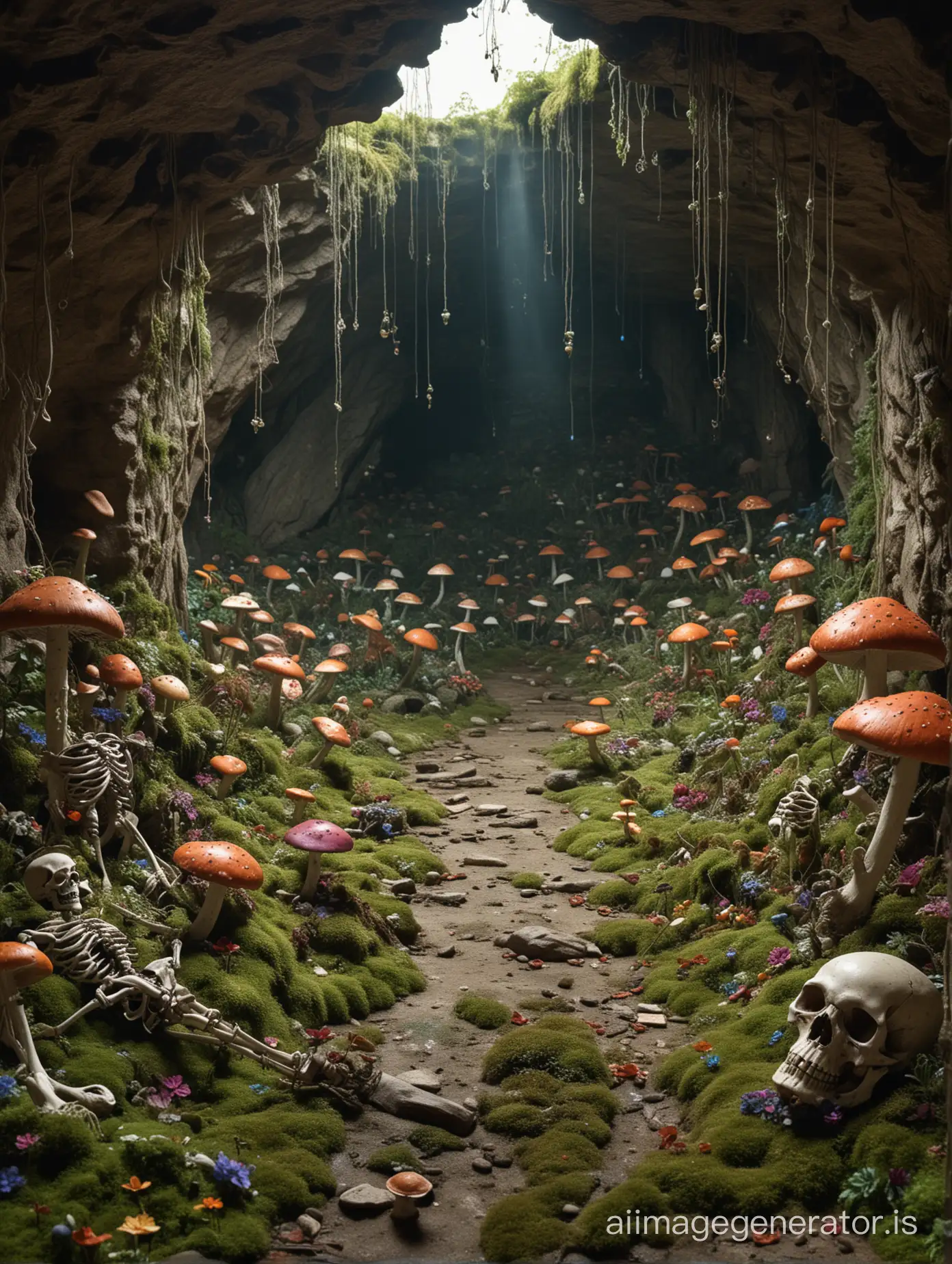 party of fantasy adventurers are repelling down a rope into an old underground cave. [skeleton] bones, armor, weapons scattered around the floor. moss and giant colorful mushrooms on floor and walls. only light source is a from the viewer