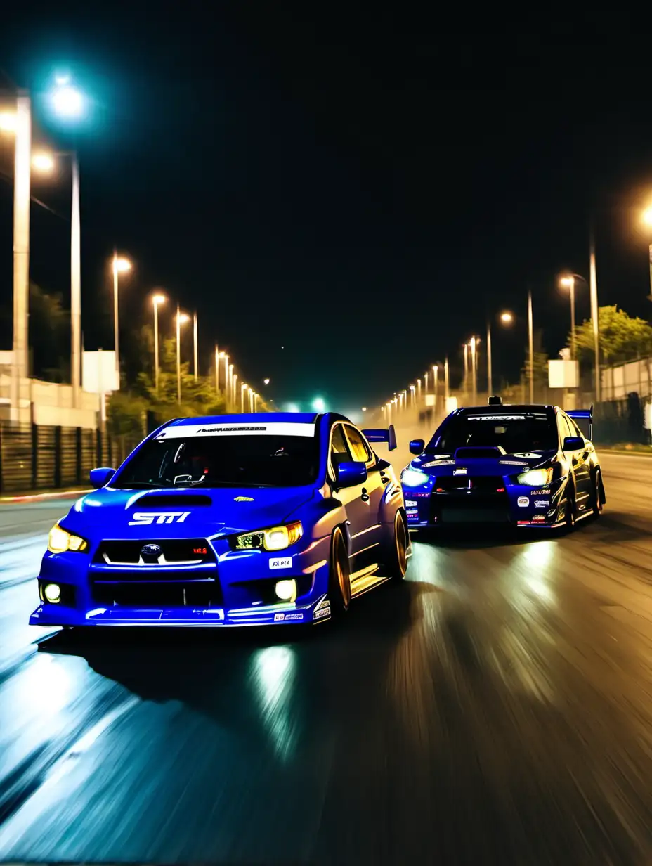 subaru wrx sti vs mitsubishi lancer evo x drifting while racing at the streets at night like cinamatic footage