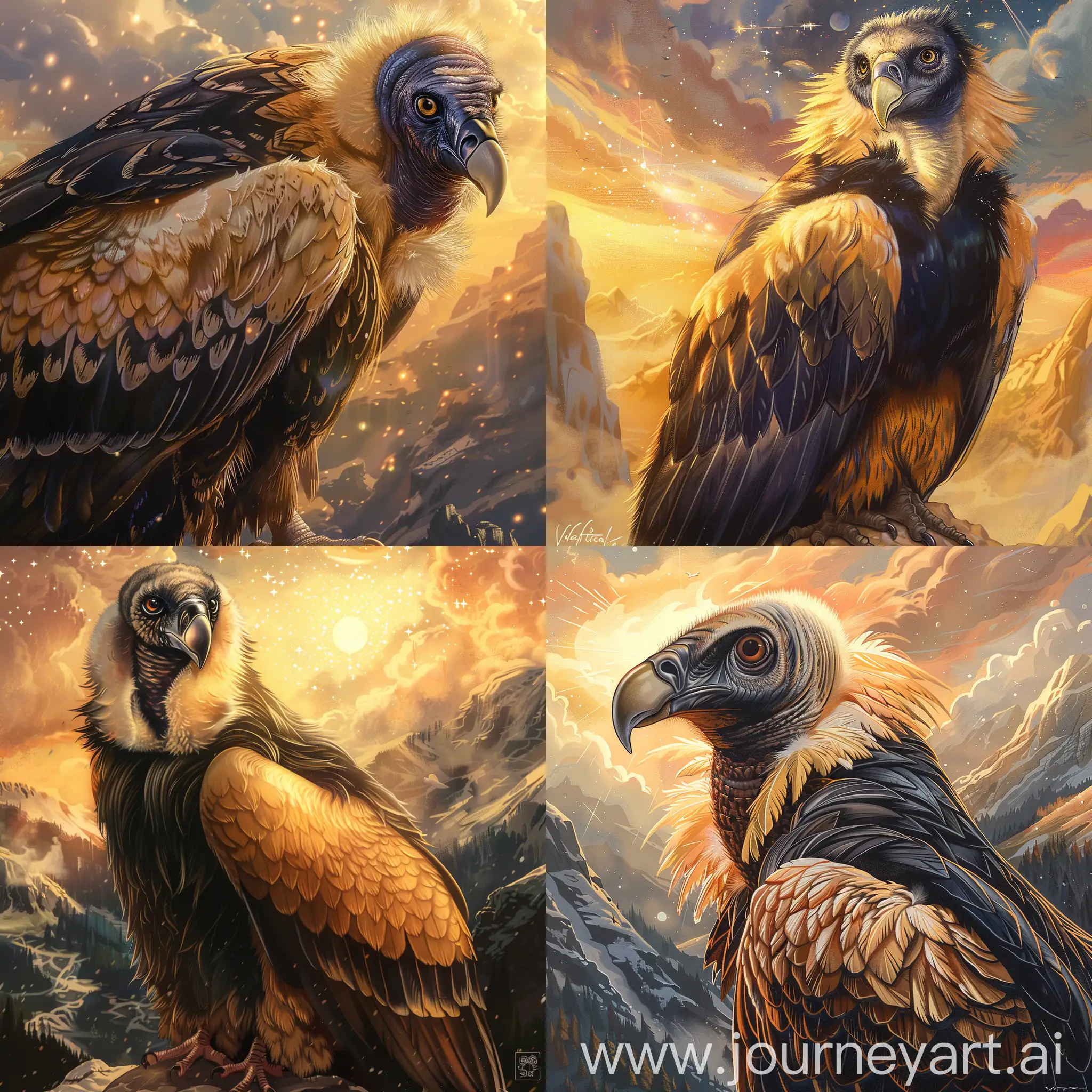  creat an extraordinary NFT featuring a bearded vulture. It emphasizes the bird's physical attributes, including its beak, eyes, plumage, and distinctive ruff of feathers. It suggests depicting the vulture in flight or perched imposingly, set against a mountainous landscape with a warm, golden-hour lighting and a celestial background. The prompt advises a realistic yet subtly fantastical artistic approach, with a focus on intricate details and dynamic composition. Finally, it highlights the emotional connotations of freedom, wisdom, and a divine connection associated with the vulture.