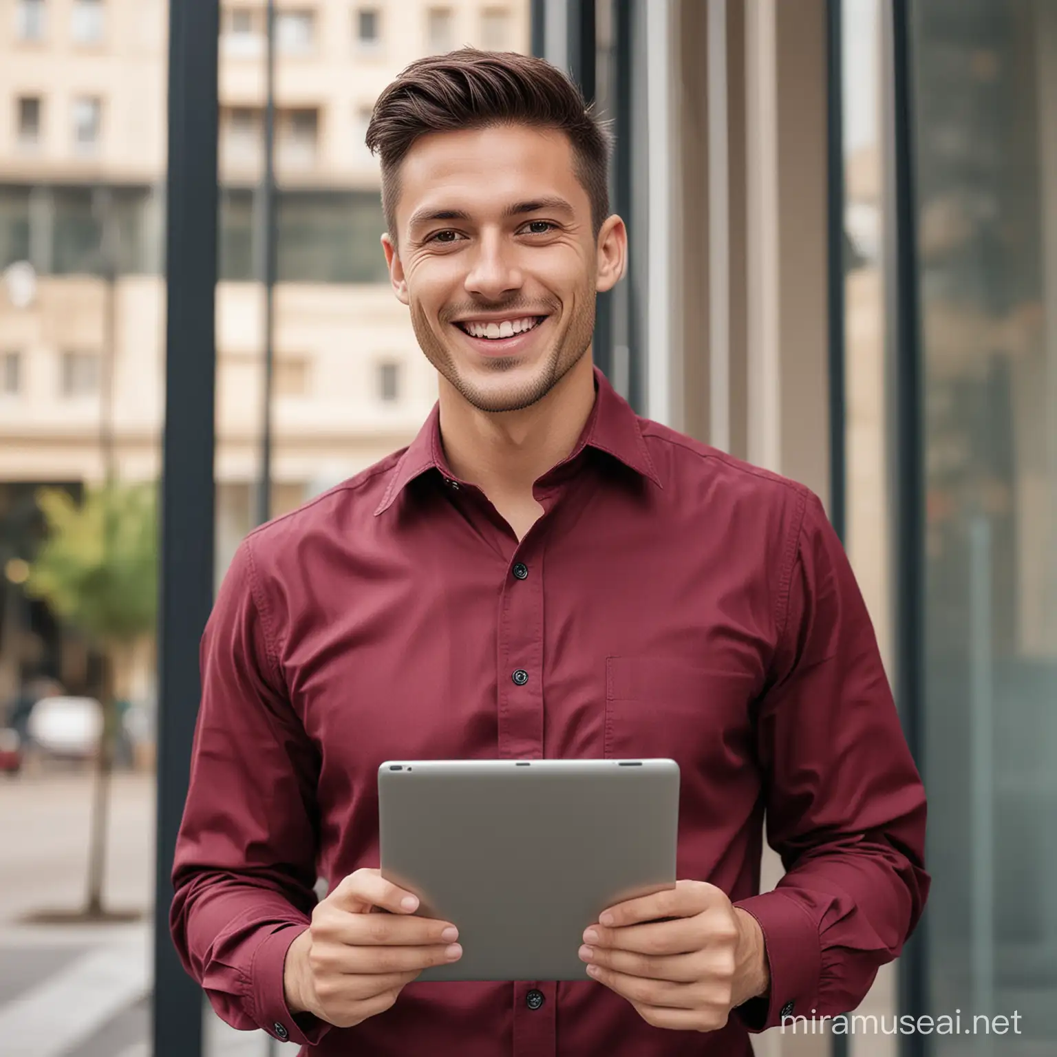 Happy young man wear maroon color Shirt, uses his tab at the end of working outside office