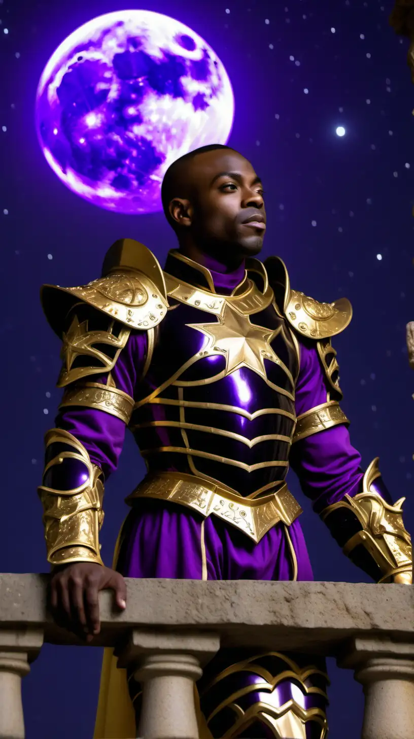 close up shot of black man at night in purple and gold armor on stone balcony with full moon and stars in back ground
