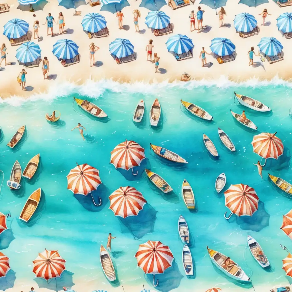 I want to create an illustrated pattern of the sea with boats and people having fun by the sea, beach with umbrellas and sunbeds, top view, I want an original illustration based on water colours or something similar