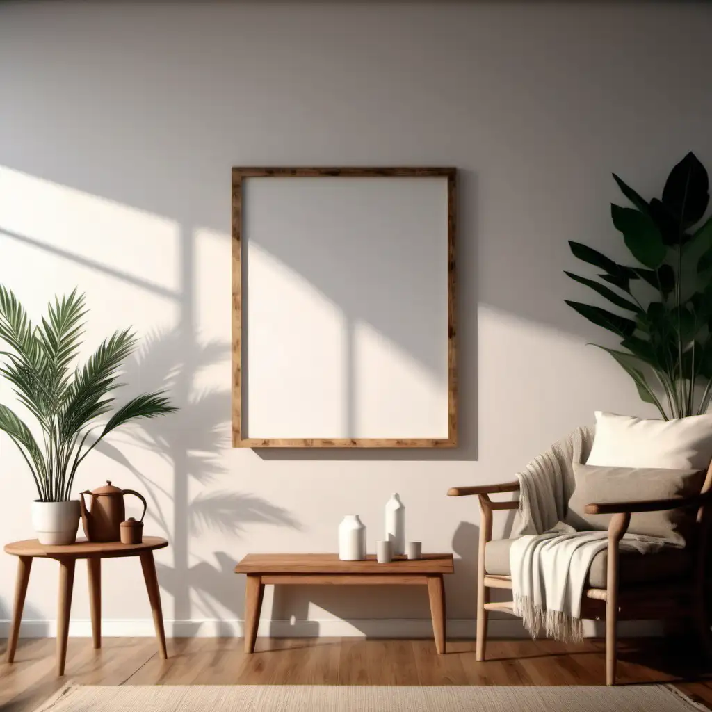 dřevěný plakát maketa bílého prázdného rámu, odraz, překrytí stínem, útulný obývací pokoj, styl farmy, teplý pokoj, 4K, vyloučit náhodné objekty,