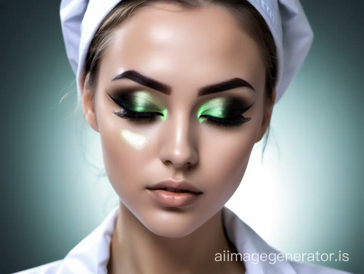 Beautiful honey young girl doctor, in a tight white tight doctor's coat, closed eyes, bright green  smoky eyes EYESHADOW, black long thick false eyelashes, black beautiful eyebrows,  figure-hourglass,  photorealism, three angles, callage