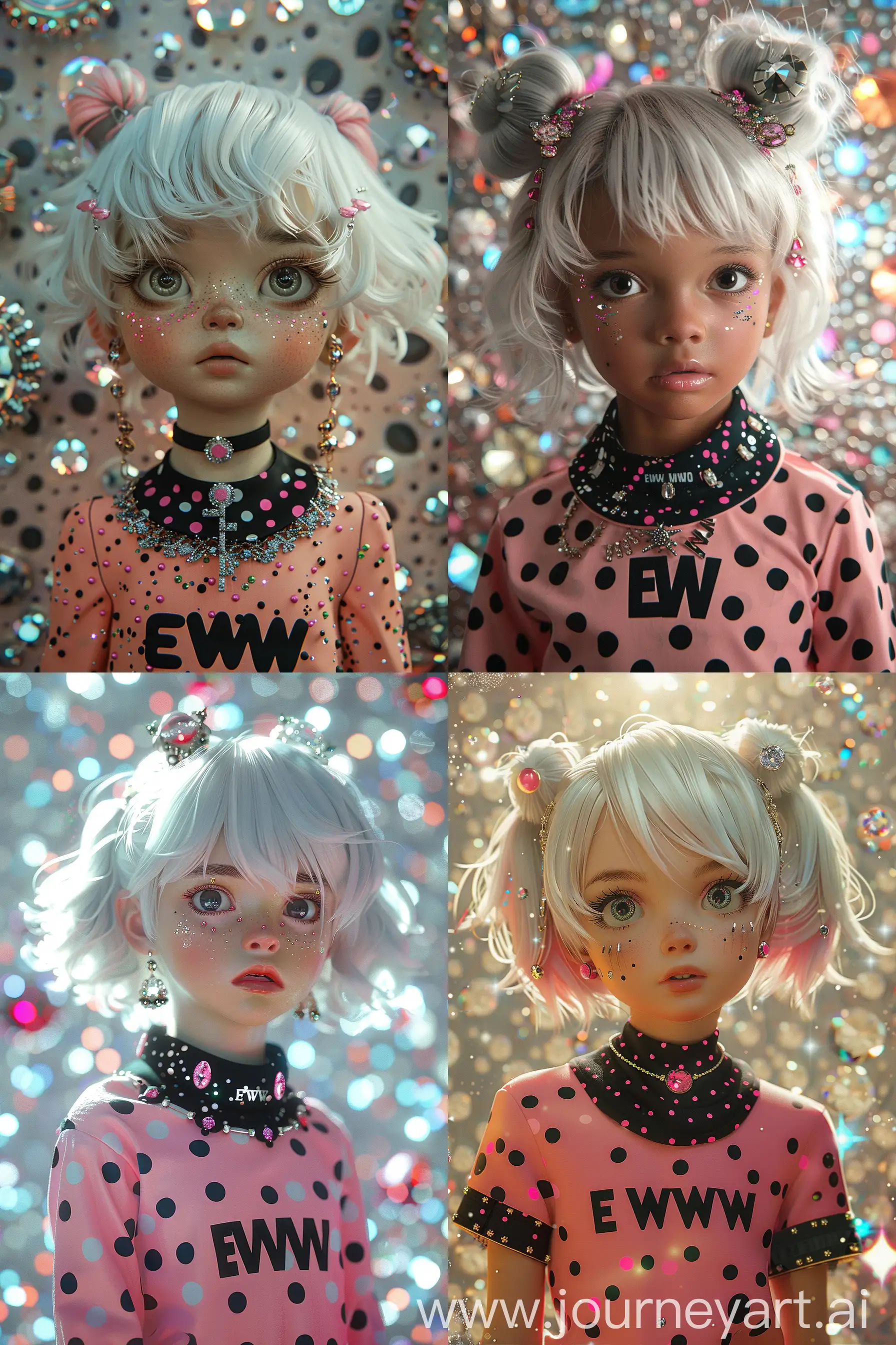 close up, a cute little girl with white hair and pink dots and a black collar with the insription "EWW" and a pink shirt with black dots stands in front of a spottet wall, Everything is a fantasy atmosphere , the girls shirt has finishes and shiny gems and wears a lot of jewelry,in the background there are gems, glitter and diamonds, bright light, --ar 2:3 --stylize 250 --style raw