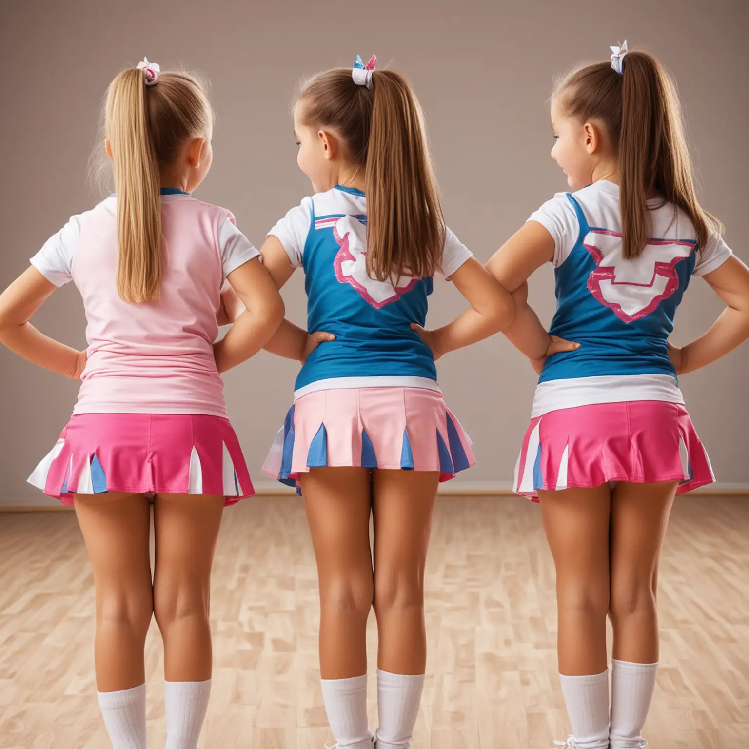 Cheerleaders children girls. Ass cheeks showing. Back view