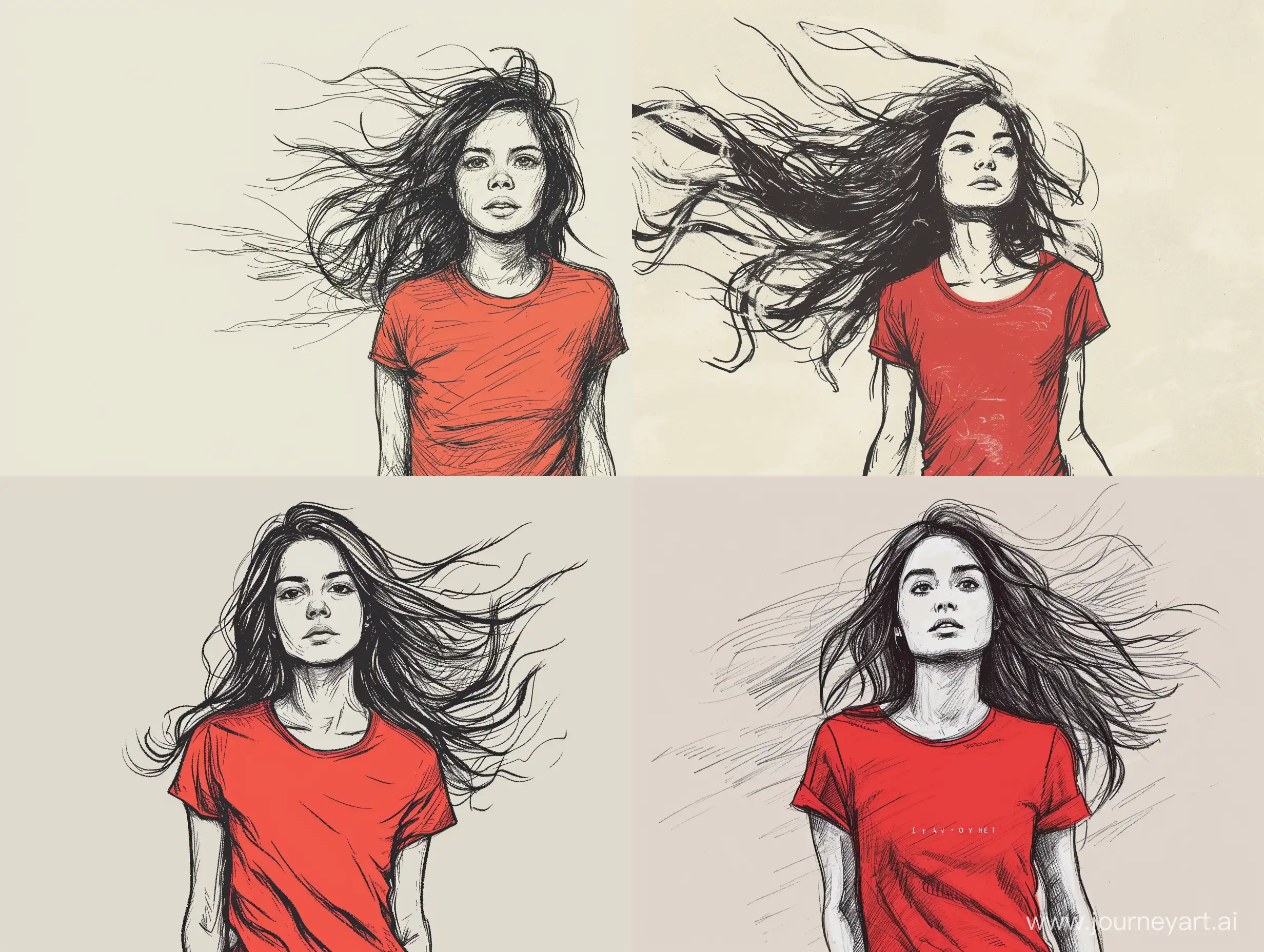 black pen illustration of a girl with flowing hair in a red t-shirt on a light grey background