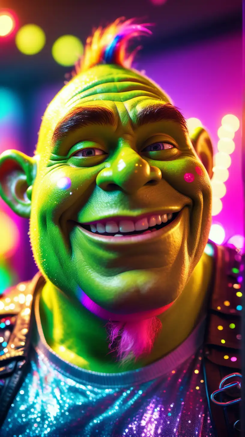 Party portrait of Shrek at a modern crazy party, laughing face, rainbow neon synthwave attire, sparkles and glitter in the environment, Bokeh quality, Blurred background, realistic --style raw --s 300 --ar 9:16 --v 6.0