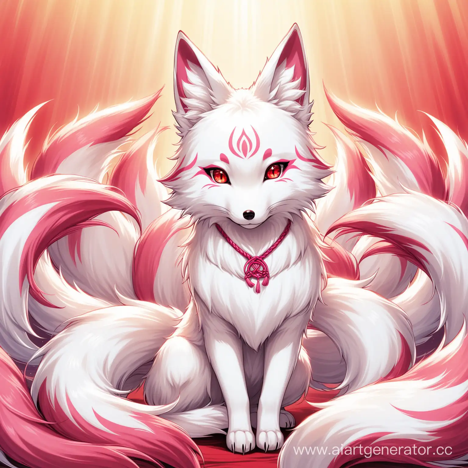 Enchanting-NineTailed-White-Fox-with-Vibrant-Pink-Stripes-and-Glinting-Red-Eyes