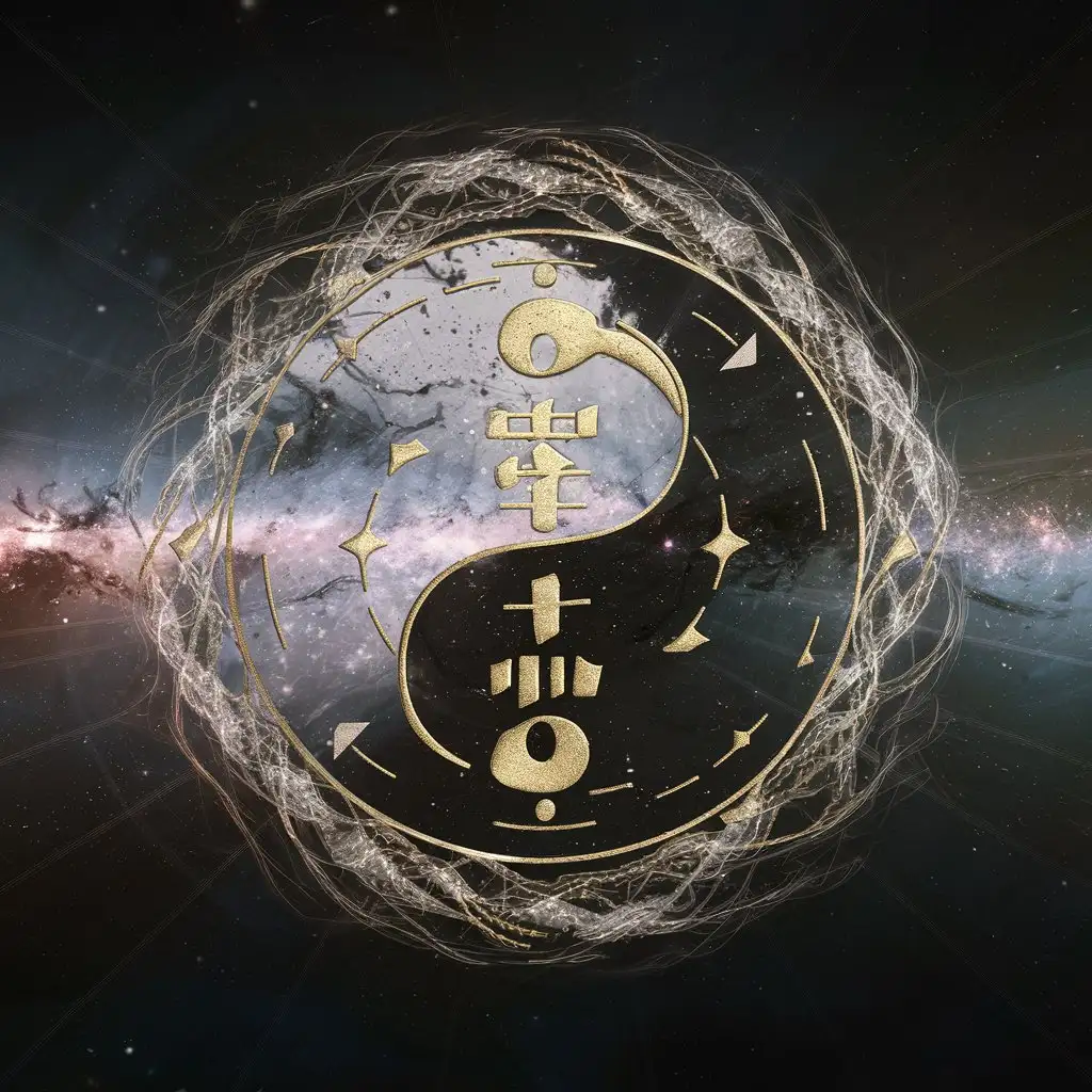 Tai Chi diagram, black and gold, needs to have particles surrounding it, needs to have a sense of the vastness of the universe, 