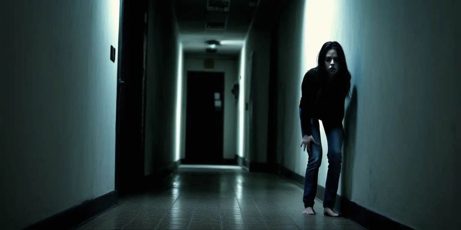 Brave Woman Escaping a Menacing Dark Corridor