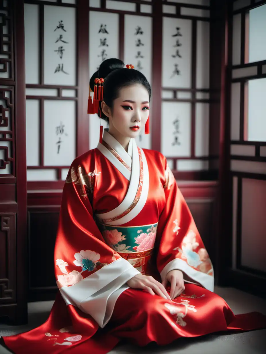 A beautiful woman dressed in classical Chinese costume sits in a clean study