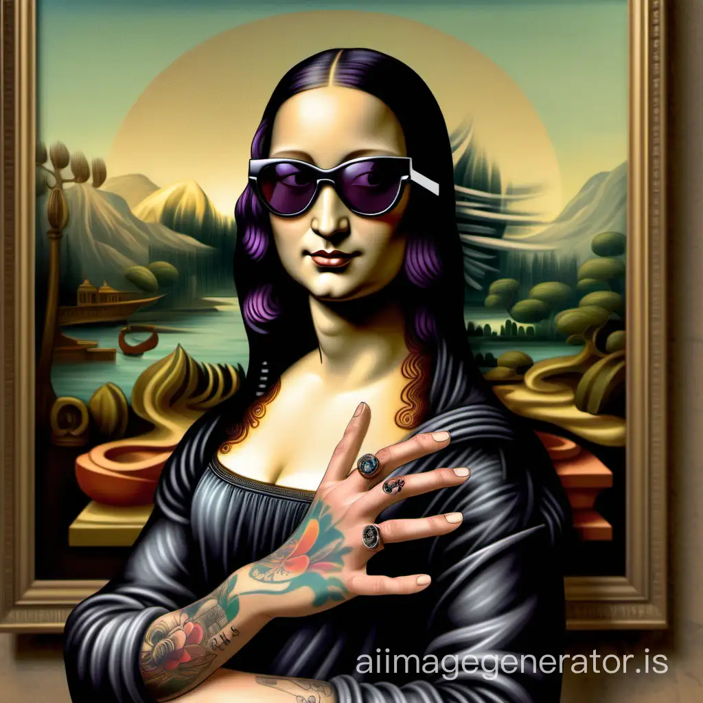 Add tattoos and strong makeup to Mona Lisa. Add sunglasses and a ring. Make it more futuristic. Add a tattoo on the hand.