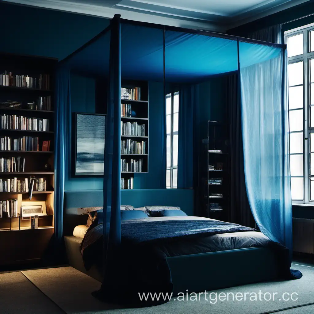 Комната с большой и высокой кроватью в темных оттенках, с прозрачно-синим балдахином., возле стены большой книжный шкаф