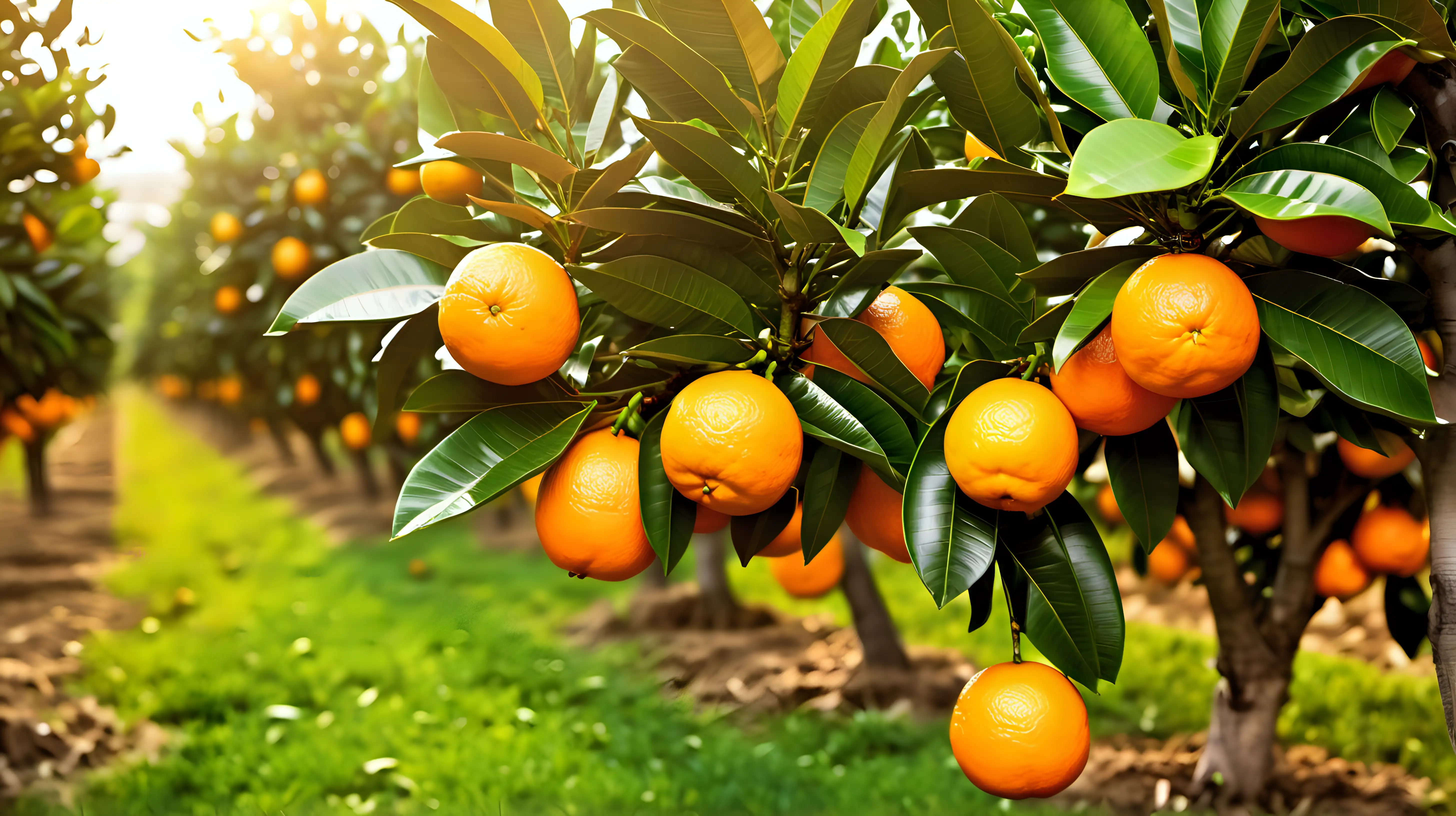 Vibrant Closeup of Ripe Oranges in a Lush Orchard