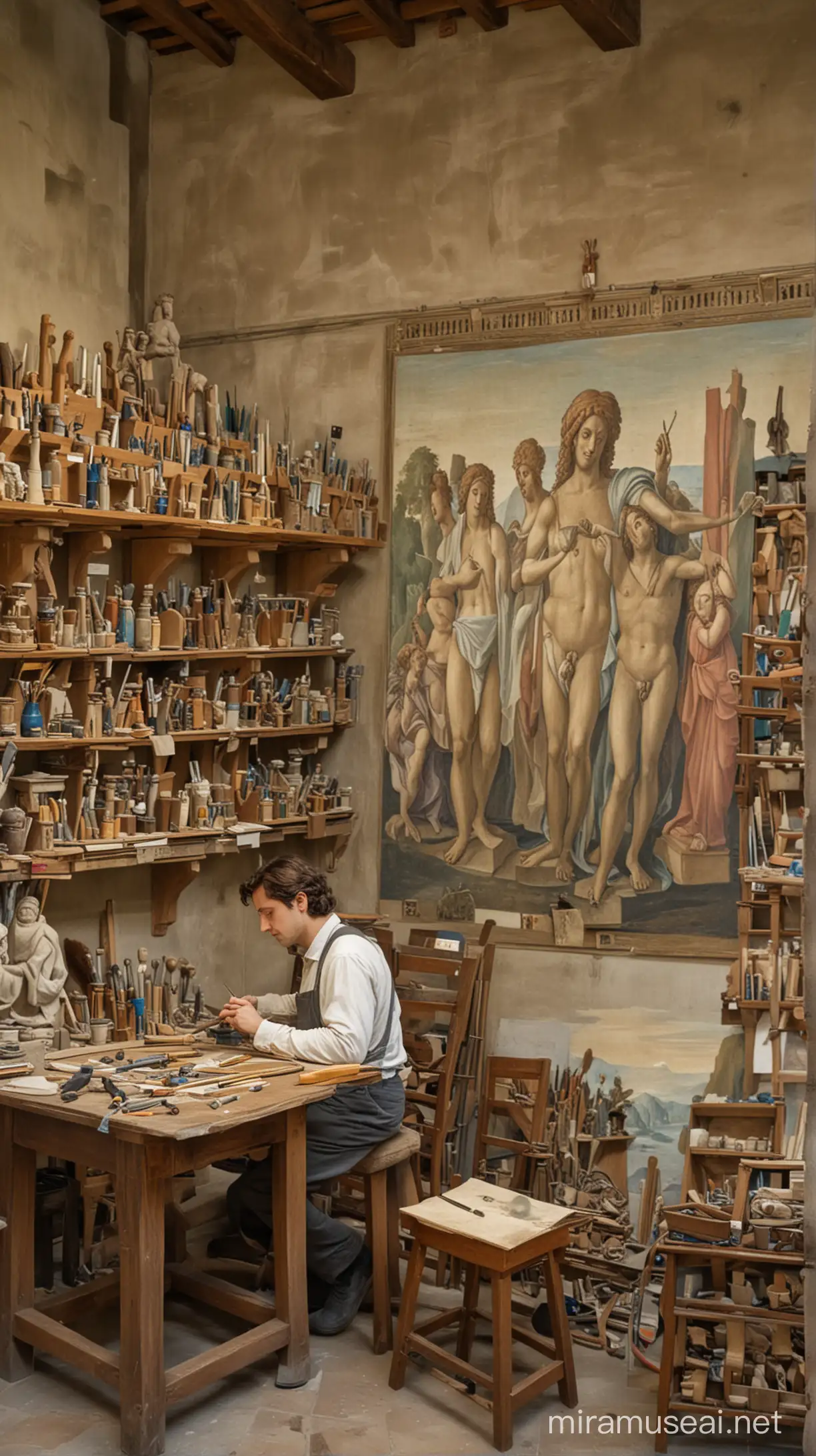 "Leonardo's Workshop": Leonardo is seen concentrating on a painting in Verrocchio's workshop. In the room, other apprentices also work alongside their masters on sculptures and paintings. The walls of the workshop adorned with artworks of the era and shelves filled with various tools and materials.

