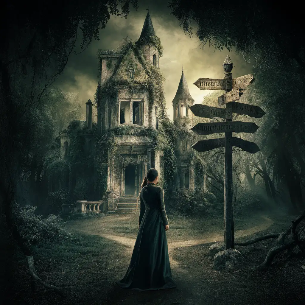 Mysterious Female Figure Contemplates Lifes Crossroads at Forgotten Castle in Enchanted Forest