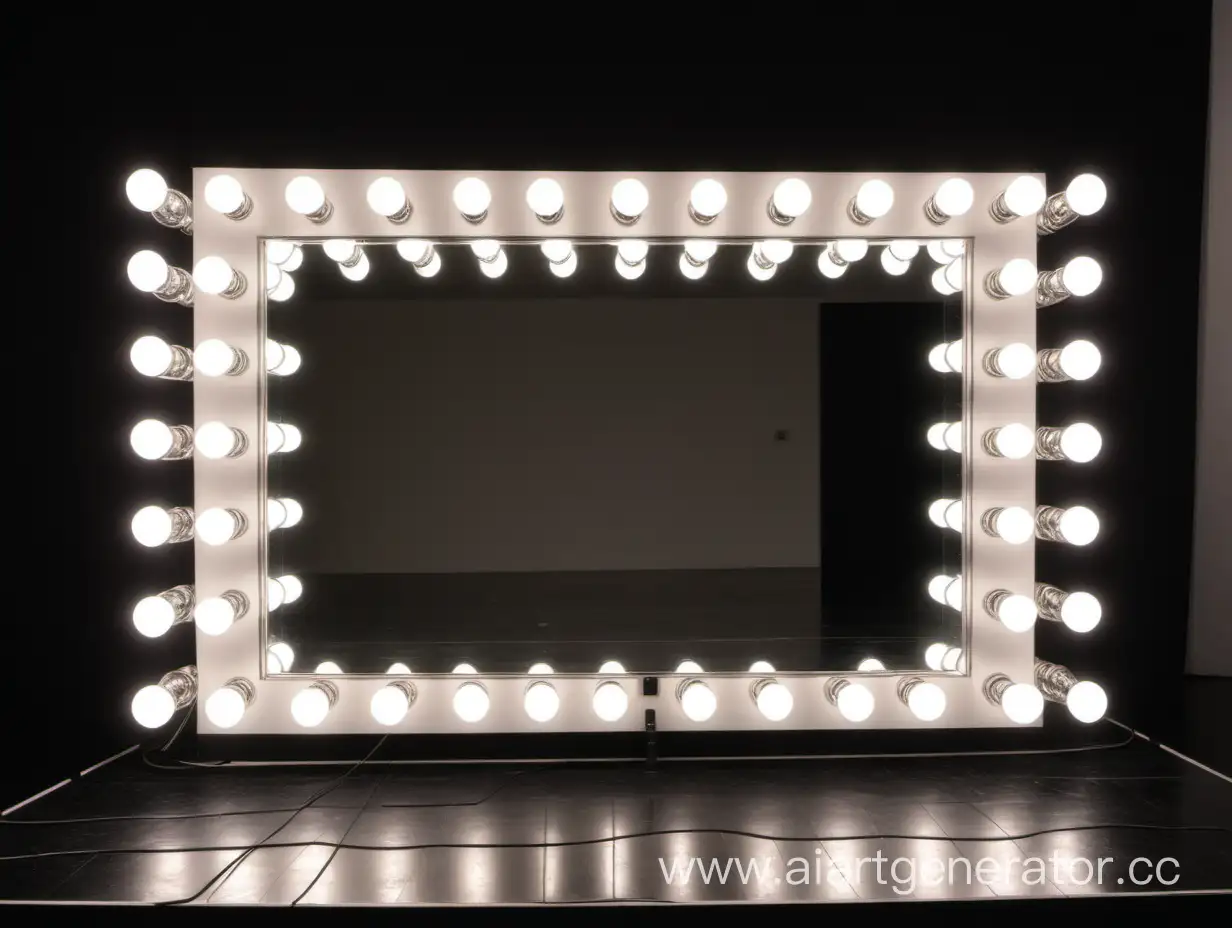 большое гримерное зеркало, с большим количеством лампочек по периметру, повернуто ровно к зрителю