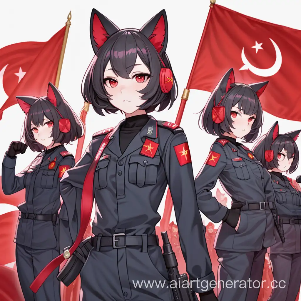 Iranian communist squad catgirl, cat ears , red flag