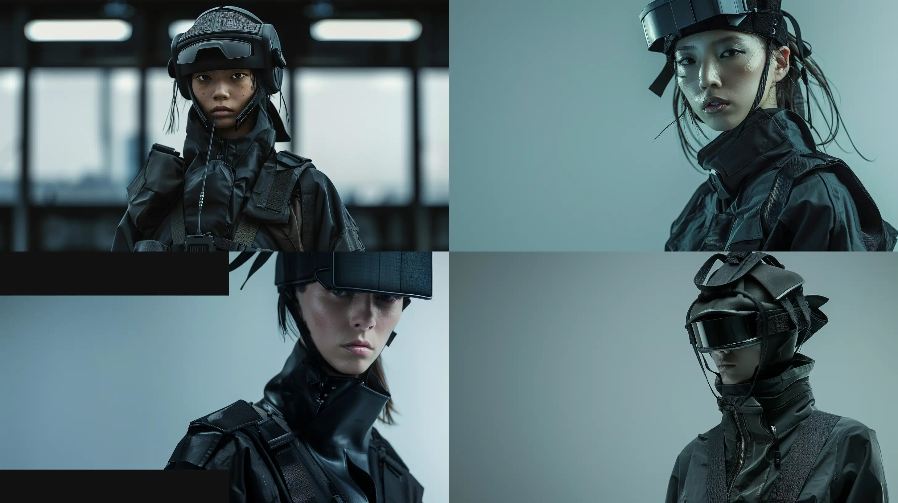 fashion photography, futuristic military fashion outfit with a headpiece, dark color palette with clean background, quality materials, captured by Hasselblad XID, --ar 16:9 --style raw