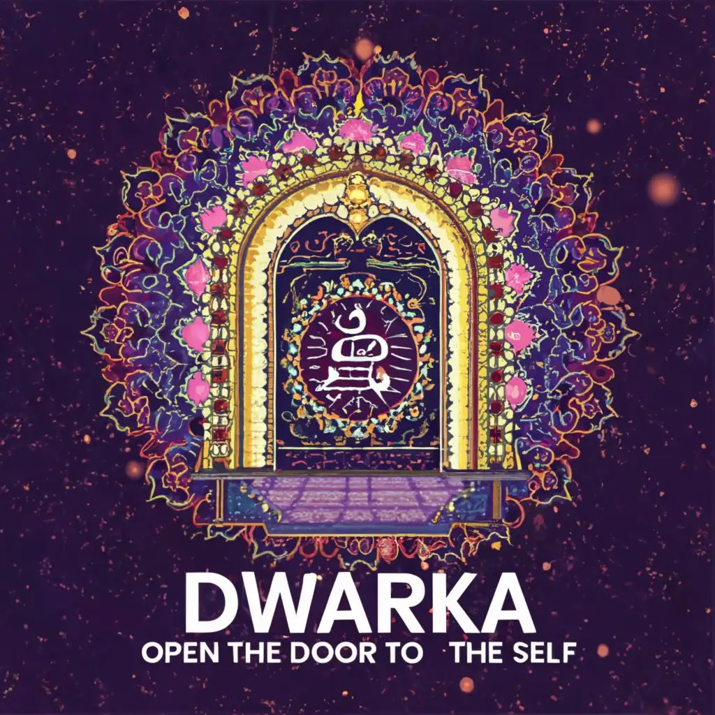 a logo design,with the text "Dwarka Open the door to the SELF", main symbol:Door + heaven + chakra + purple,complex,be used in Religious industry,clear background