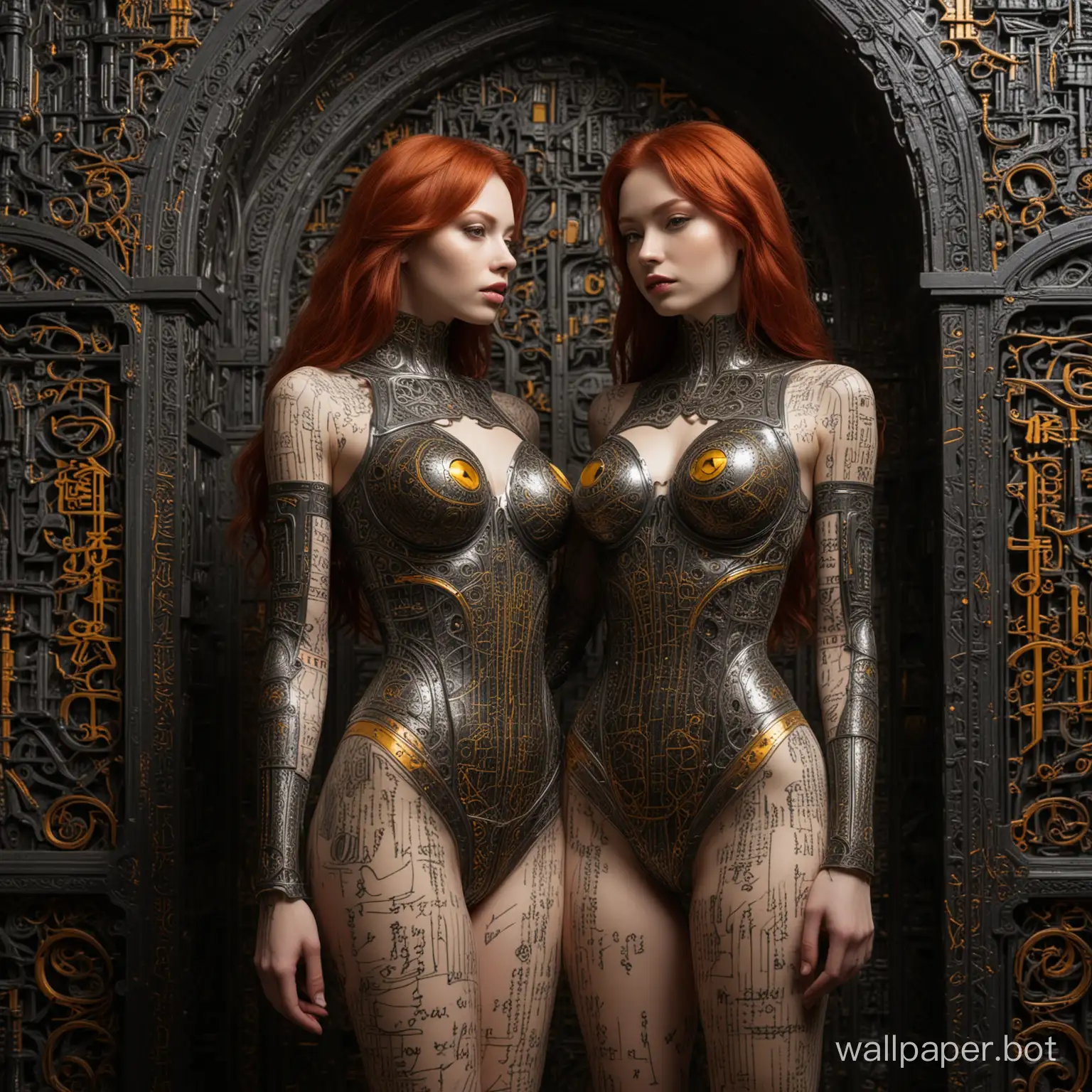 Masterpiece, relief, (filigree cast iron cyborg:1.2), 2 young slender girls, long red hair, standing in huge castle hall, big breasts,  openwork black metal with calligraphy lines , (fully transparent:1.2), (covered in calligraphy patterns:1.2), calligraphy ornament tattoos, fitness body, (big yellow eyes), big dark lips, inner light from within, inner glowing
