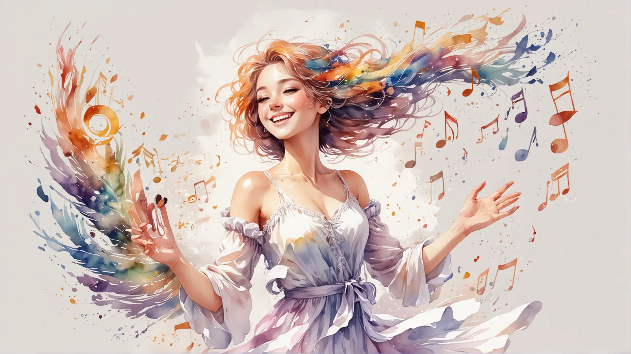 on a white background, painted in watercolor in anime style, a muse girl in a light flying dress, a happy smile, multicolored notes fly out of her developing hair, wind, flight, holds a treble clef in elegant palms, inspiration, fantasy, music
