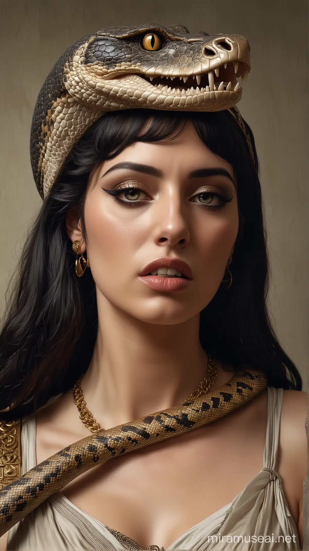 Imagery portraying Cleopatra's decision to commit suicide by allowing a snake to bite her, symbolizing her defiance and refusal to be captured. hyperrealistic