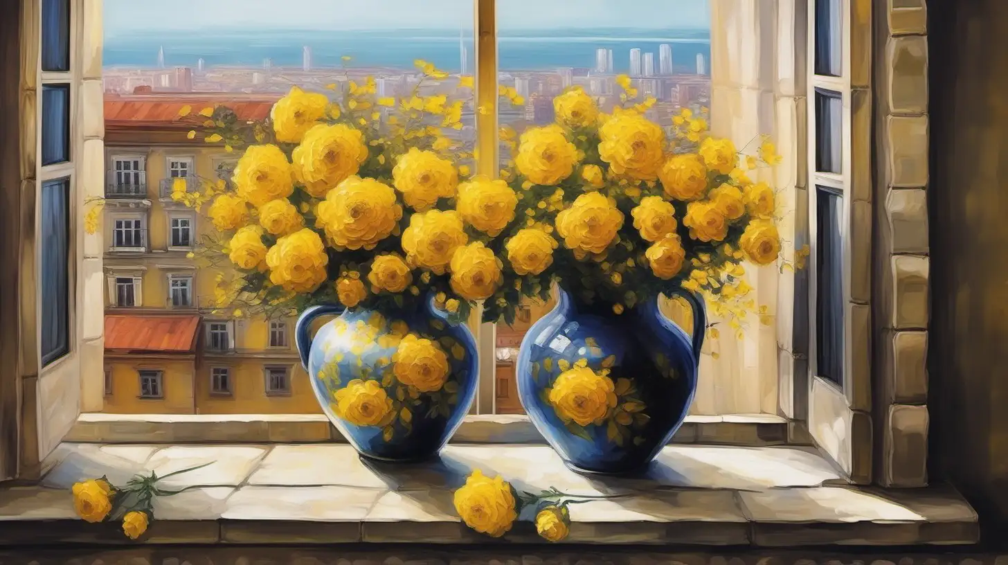 oil painting vase with yellow flowers, on a window ledge, Europe city view
