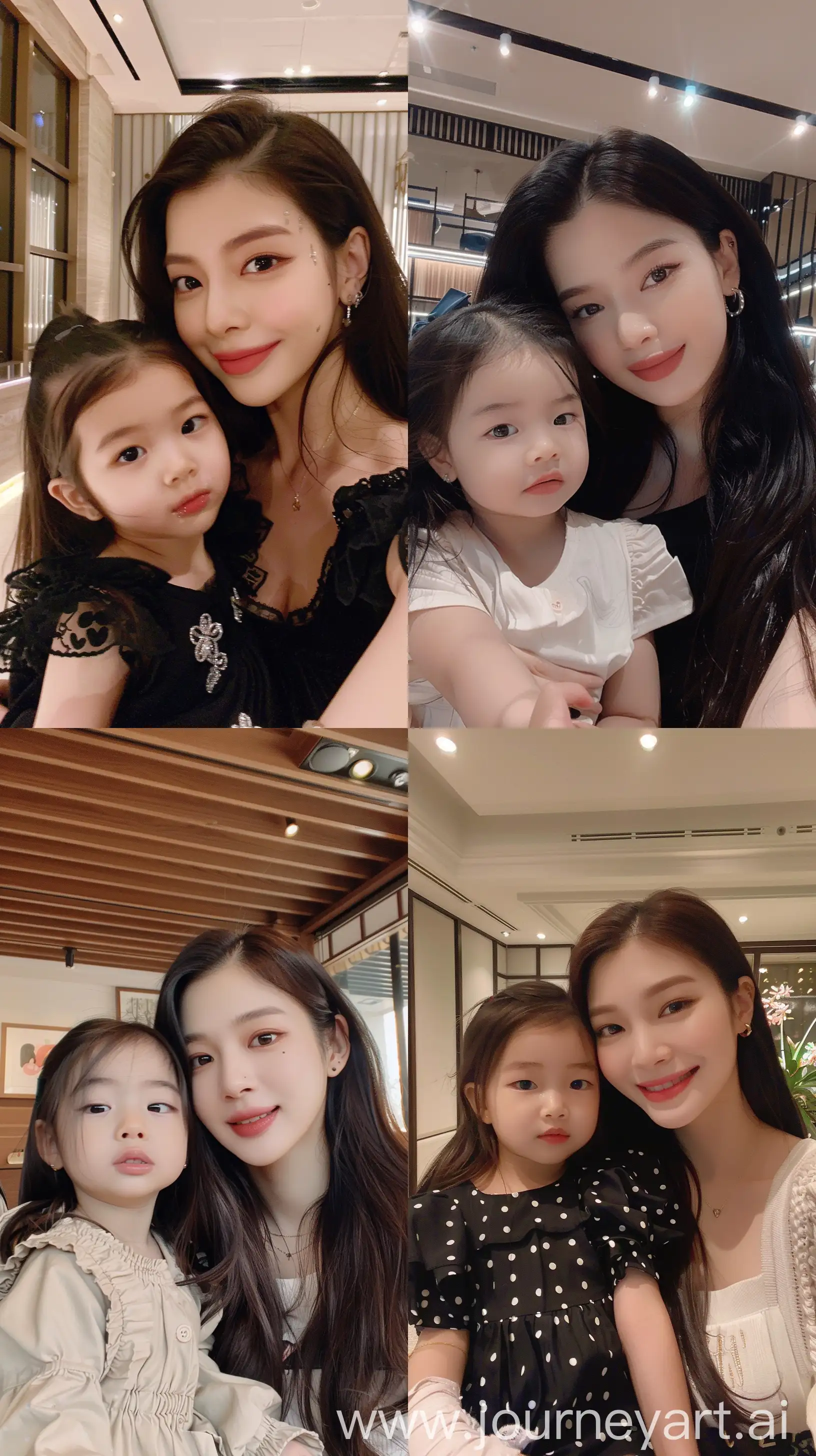 blackpink's jennie selfie with 2 years old  girl, facial feature look a like blackpink's jennie, aestethic, night times, aestethic make up,hotly elegant young mom --ar 9:16 