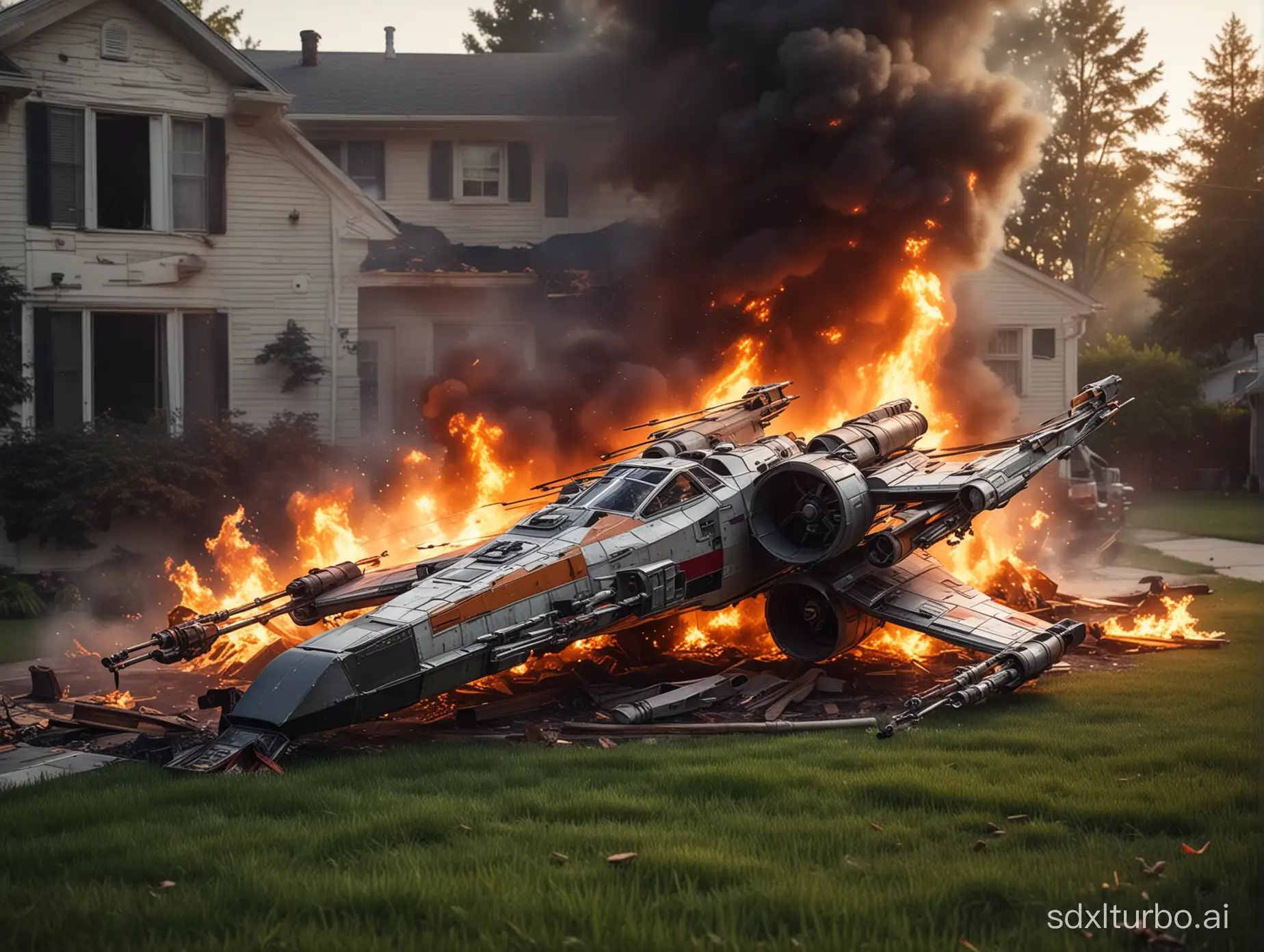 (x-wing spacecraft) (((crashed))) (on fire) on the front lawn of an American suburban house. Cinematic style