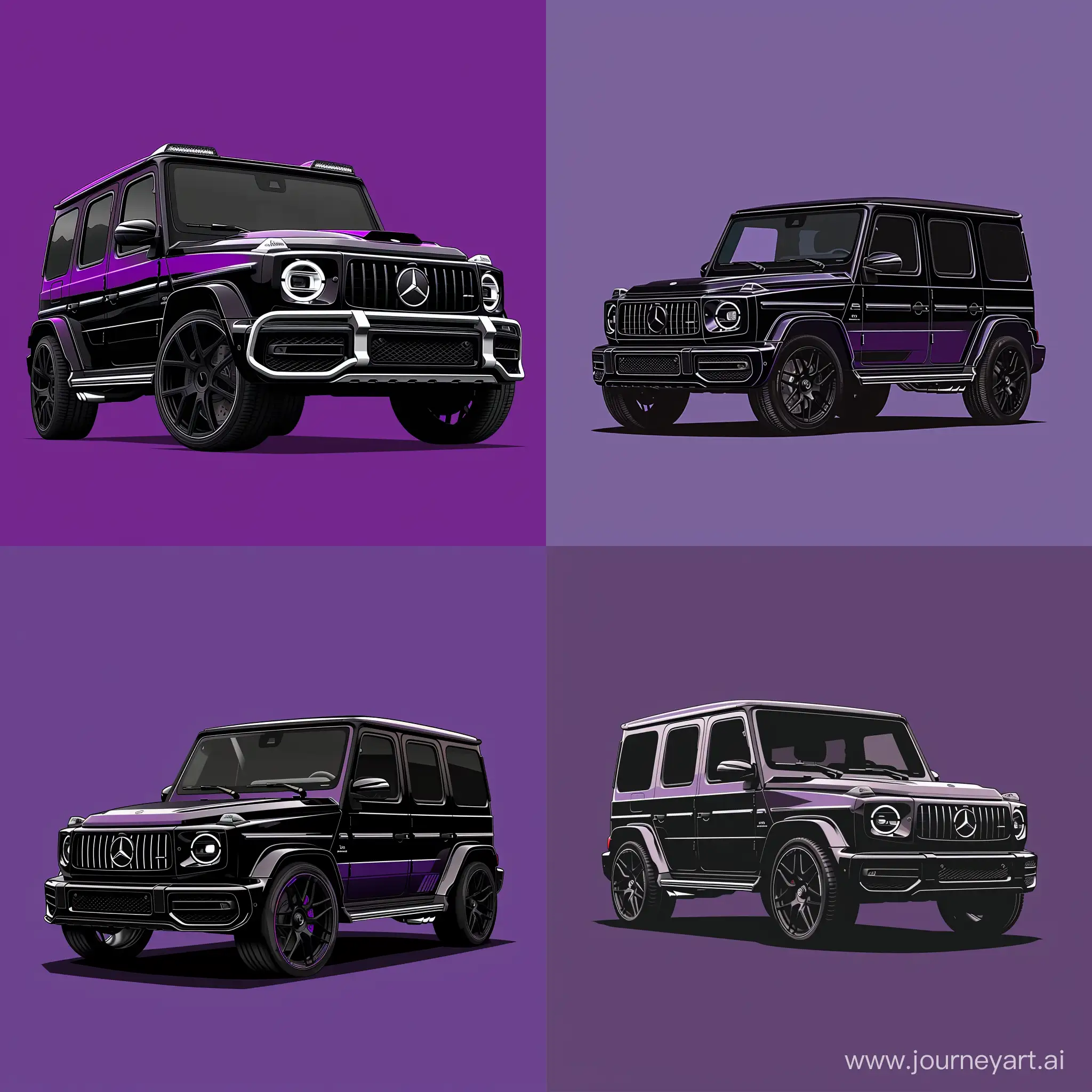 Minimalism 2D Car 2/3 View Illustration of: Black & Purple Mercedes Benz G63, Simple Bold Purple Background, Adobe Illustrator Software, High Precision