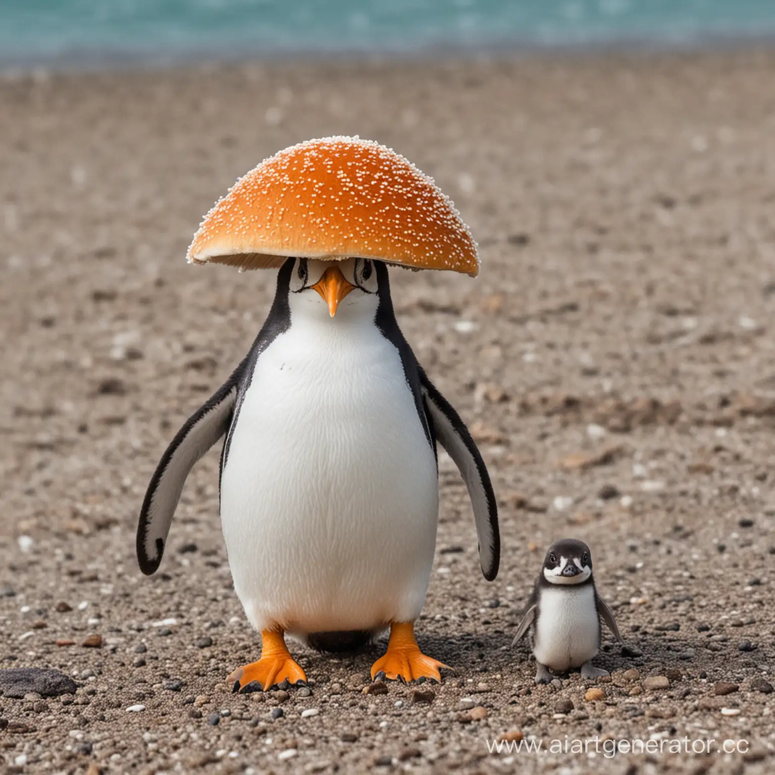 Adorable-Penguin-with-Mushroom-Friend-in-Snowy-Wonderland
