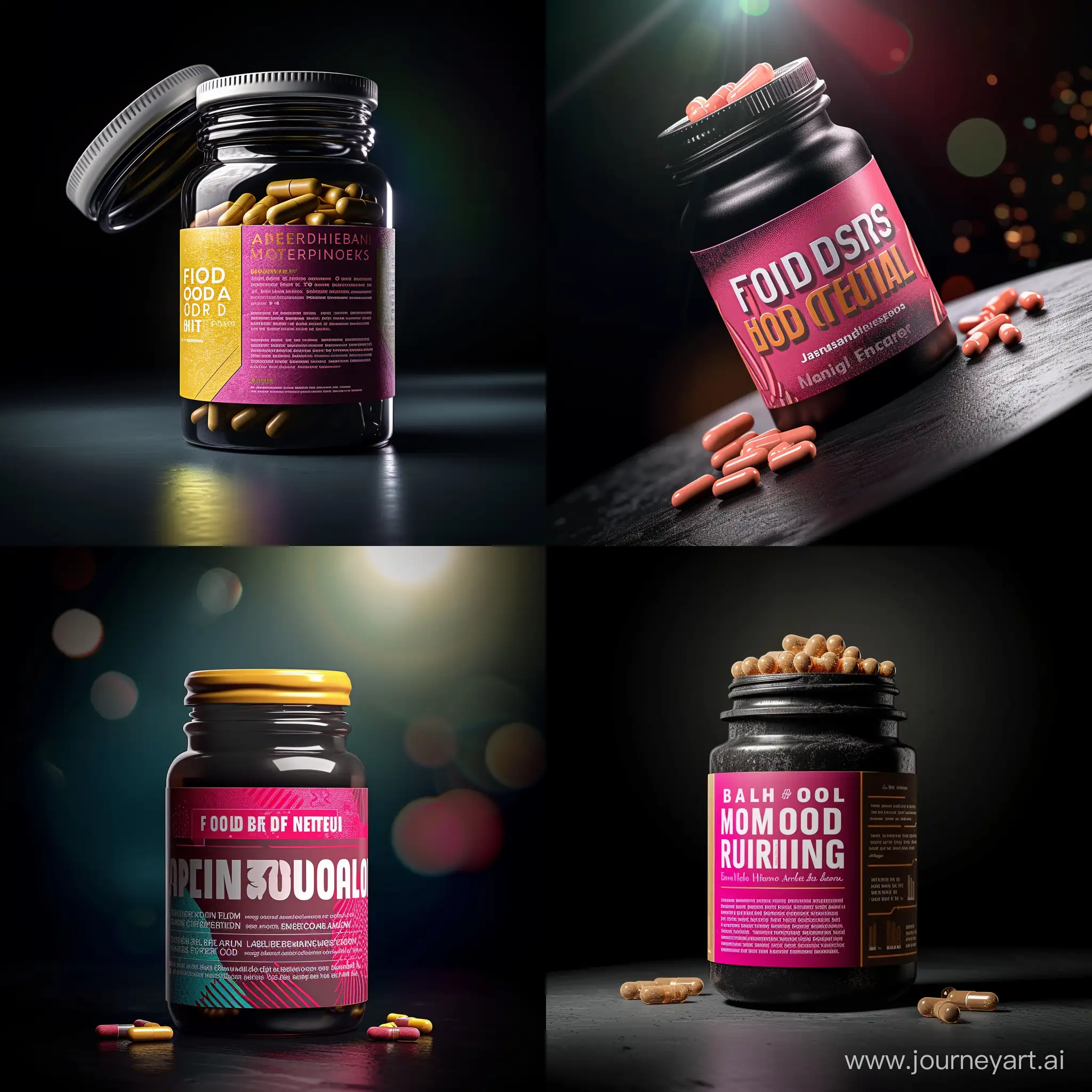 food supplement product, capsules, bright label with bright elements, dark jar, large title, photorealism