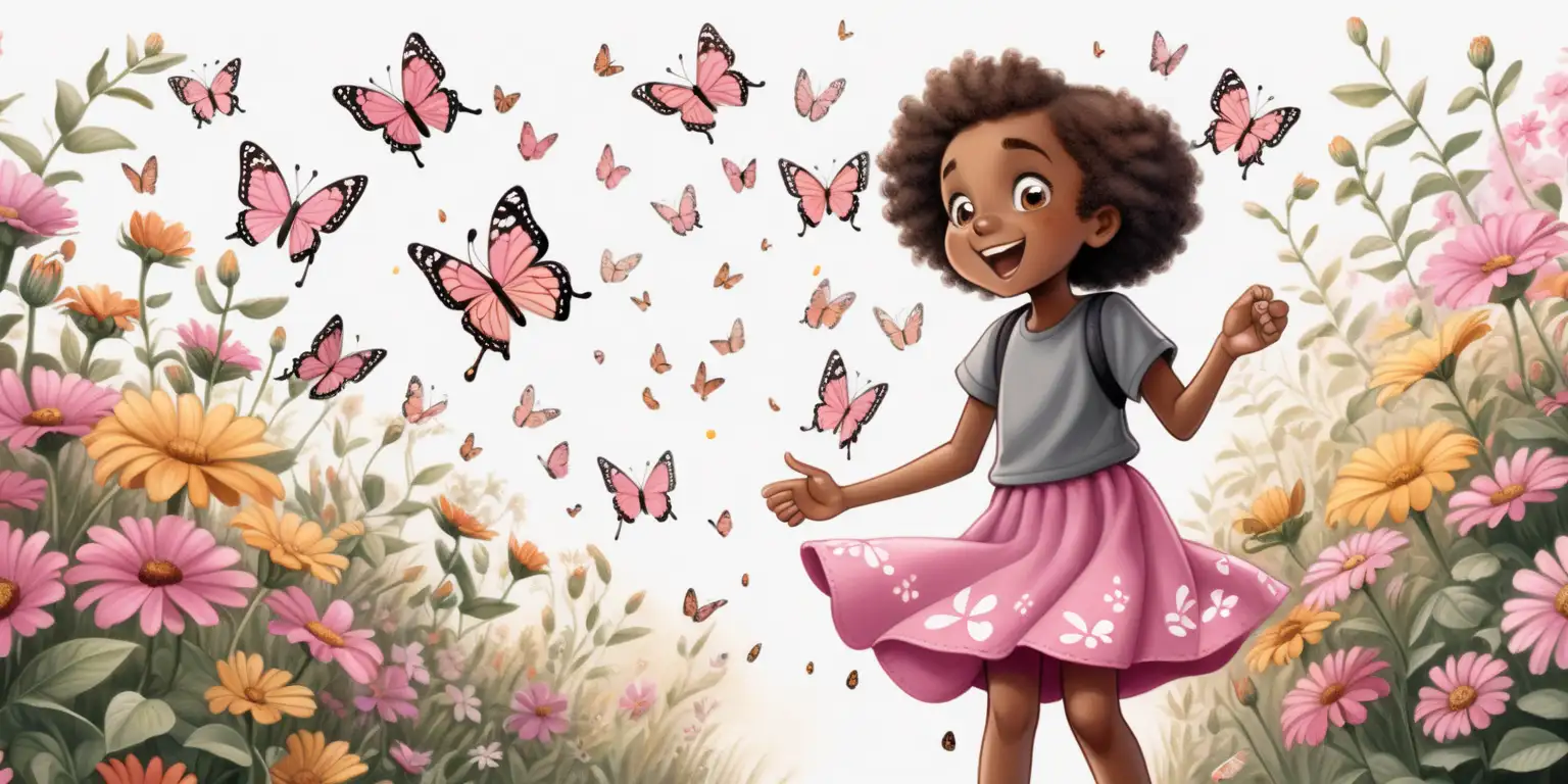 children's muted art illustration, full figure 8 year old african brown girl character, standing in a beautiful flower garden with many butterflies surrounding her, excited expression, wearing a pink skirt, a grey shirt, black takes, full colour, side view, back view, front view, no outline