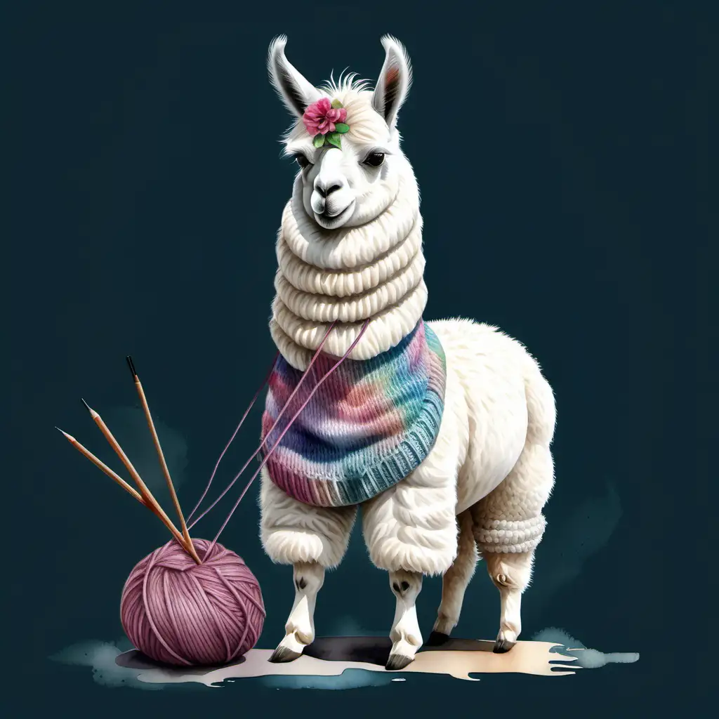 Watercolor realistic full body white llama knitting something