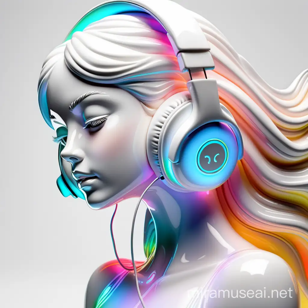 Produce a white shiny iridescent neon colored porcelain figure of a beautiful curvy feminine woman
Strong expression dynamic
She is wearing headphones 
portrait
White background