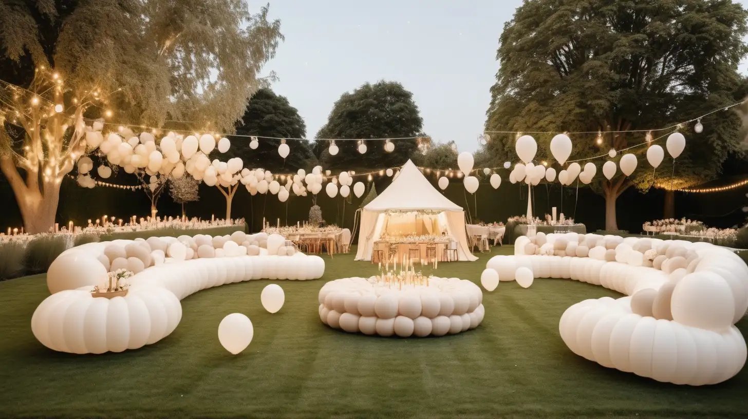 Modern Parisian children's garden party on sprawling lawn surrounded by gardens; balloons, candles, tables and chairs; white jumping castle; pool with decorative lighting in it; beige, light oak, brass, ivory colour palette