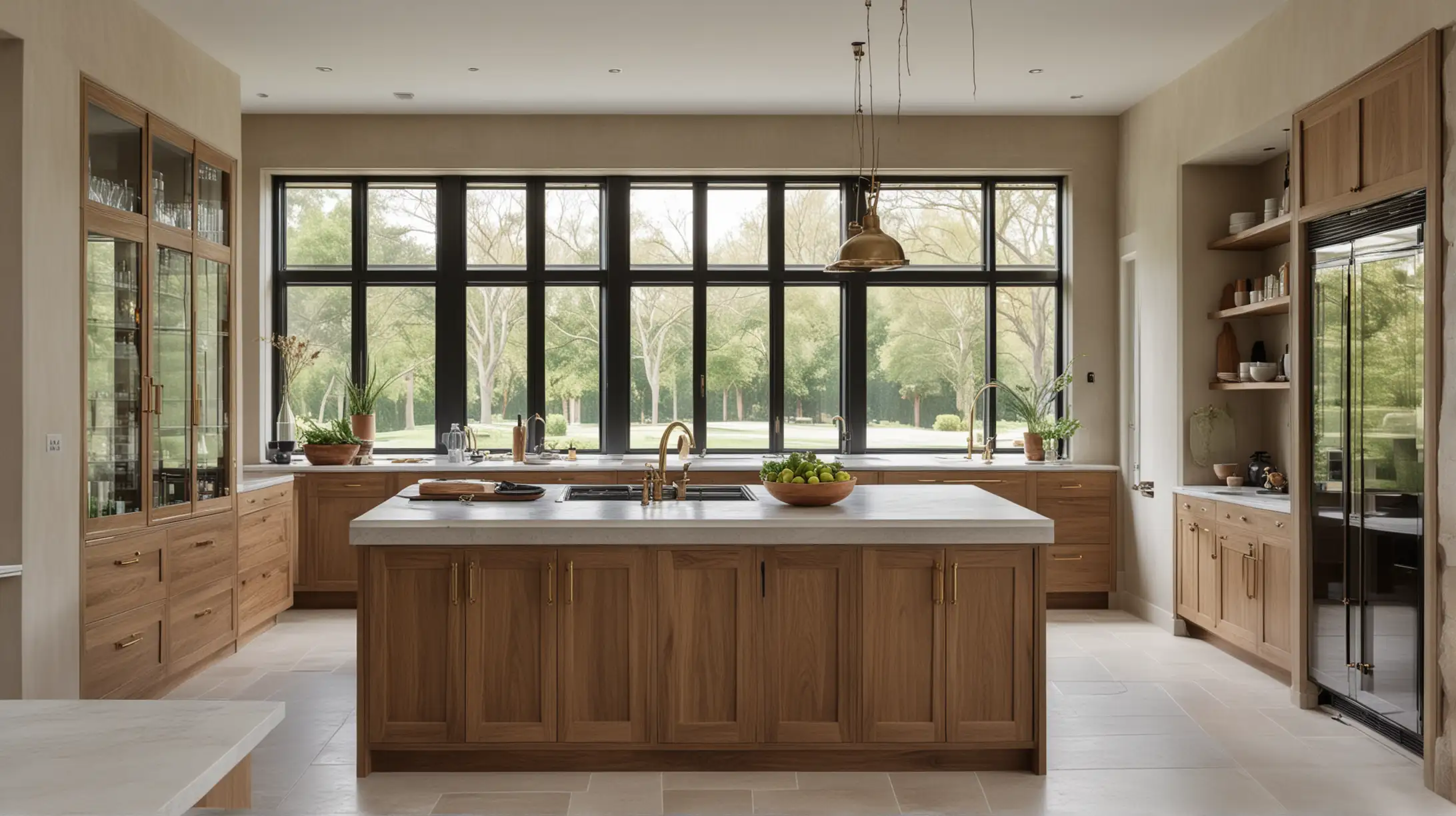 a large minimalist organic moody European farmhouse inspired home kitchen with central island; limestone floor, walnut wood cabinets, limewash painted walls, brass handles; large window overlooking the garden; glass fluted panel doors to the butlers pantry

