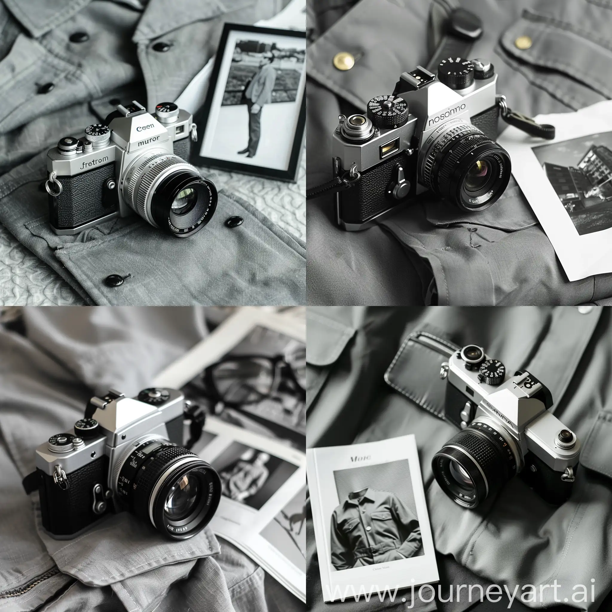 modern camera and photo, stylish black and white magazine photo, gray uniform background

