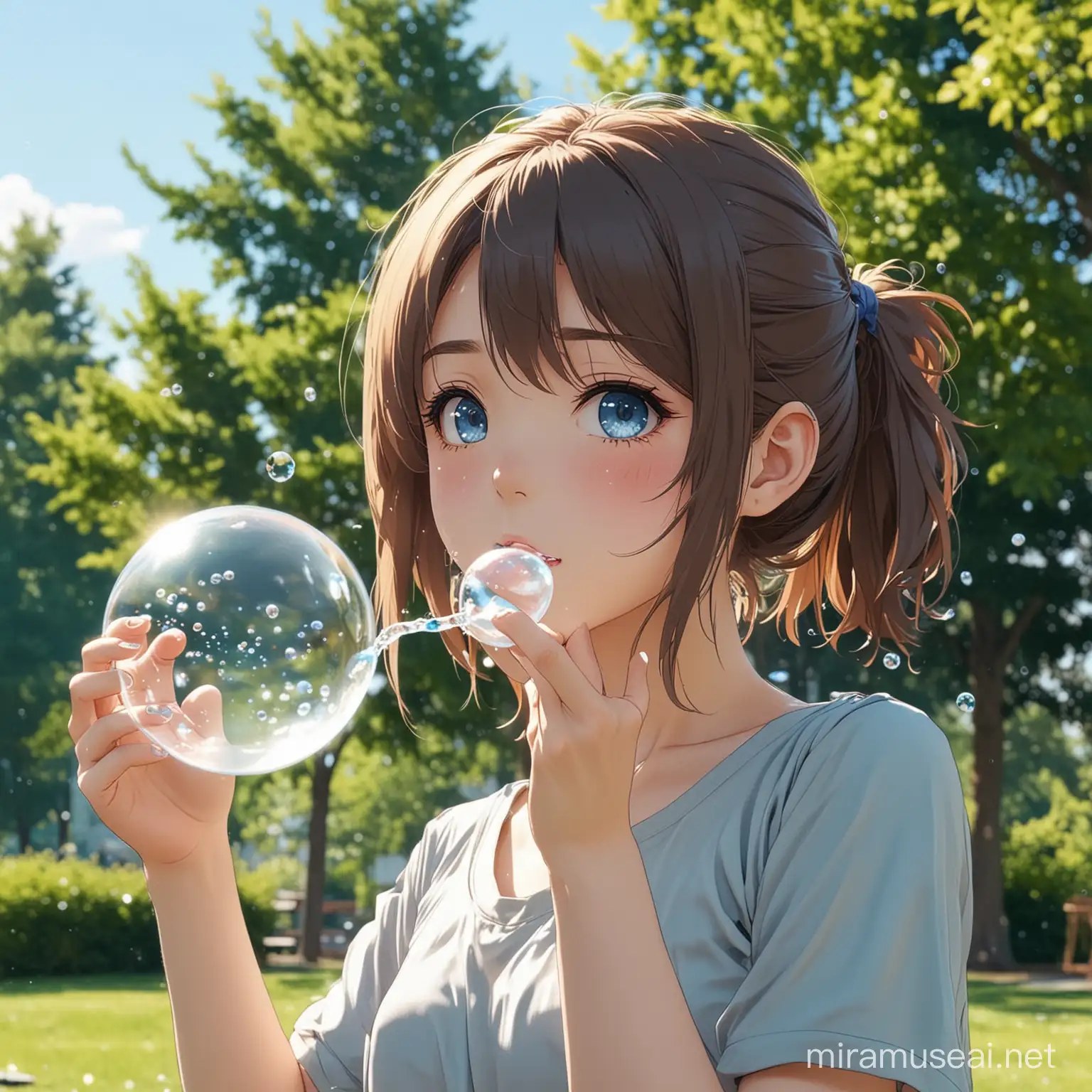 Anime Girl Blowing Water Bubble in Tranquil Park Scene