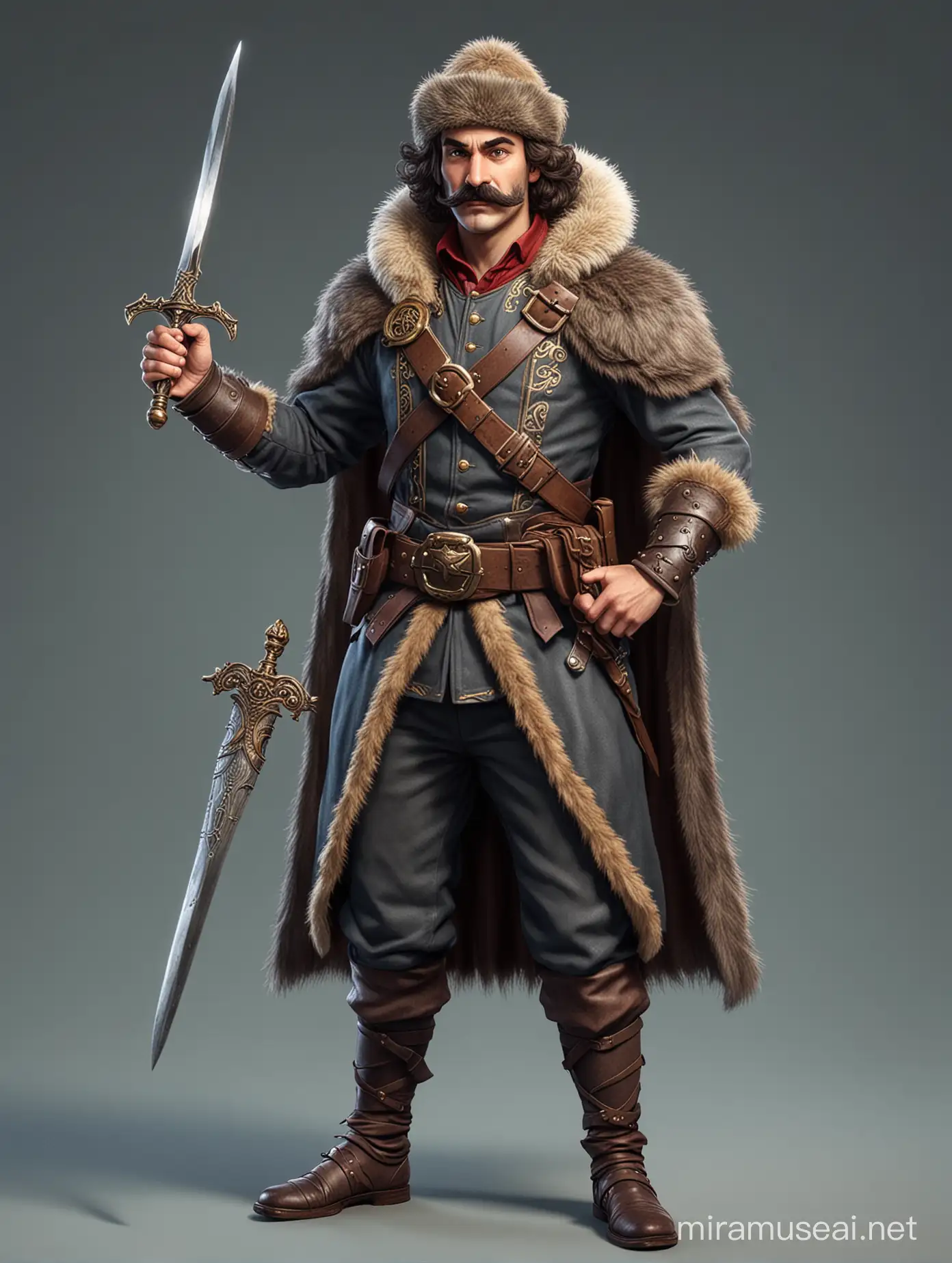 Attacking noble man with mostaches, furry hat, raised sword, hand on hip, product, fullbody character