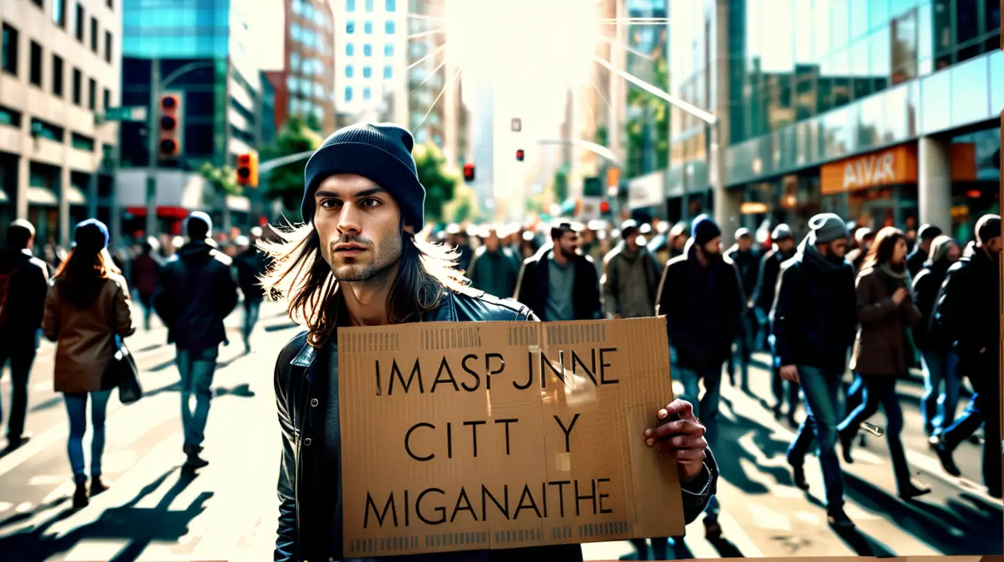 /imagine prompt:  Realistic photo of a  man with long hair wearing a beanie on a crowded  urban  street corner at  midday , clutching a  blank cardboard sign. The hustle and bustle of the  city  envelop  him , with  pedestrians  and  traffic  in constant motion around  him . Sunlight reflects off the  glass  buildings, creating a  lively  atmosphere. Created Using: high-resolution  photography , bustling  city life ,  midday   urban scene ,  reflective  sunlight,  glass  buildings, constant motion,  lively  atmosphere --ar  16:9  --v  6.0  