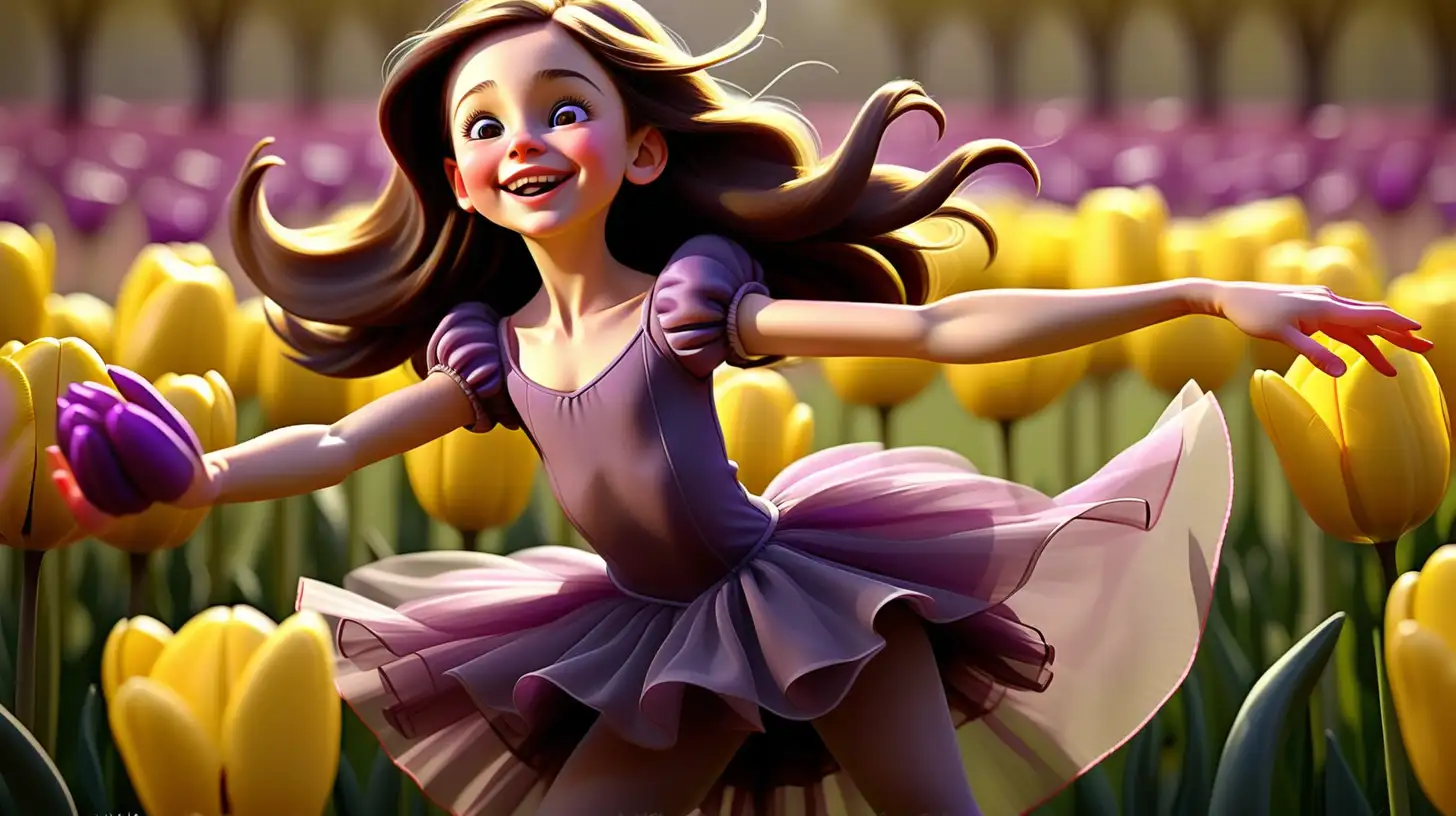 A single little girl with long flowing dark brown hair dressed in a purple ballerina outfit dancing elegant and beautiful in a field of vibrant yellow tulips as the sun highlights the her rosey red cheeks as she smiles looking up with her eyes closes, capturing her happiness,  extreme detailed digital art, dramatic lighting 