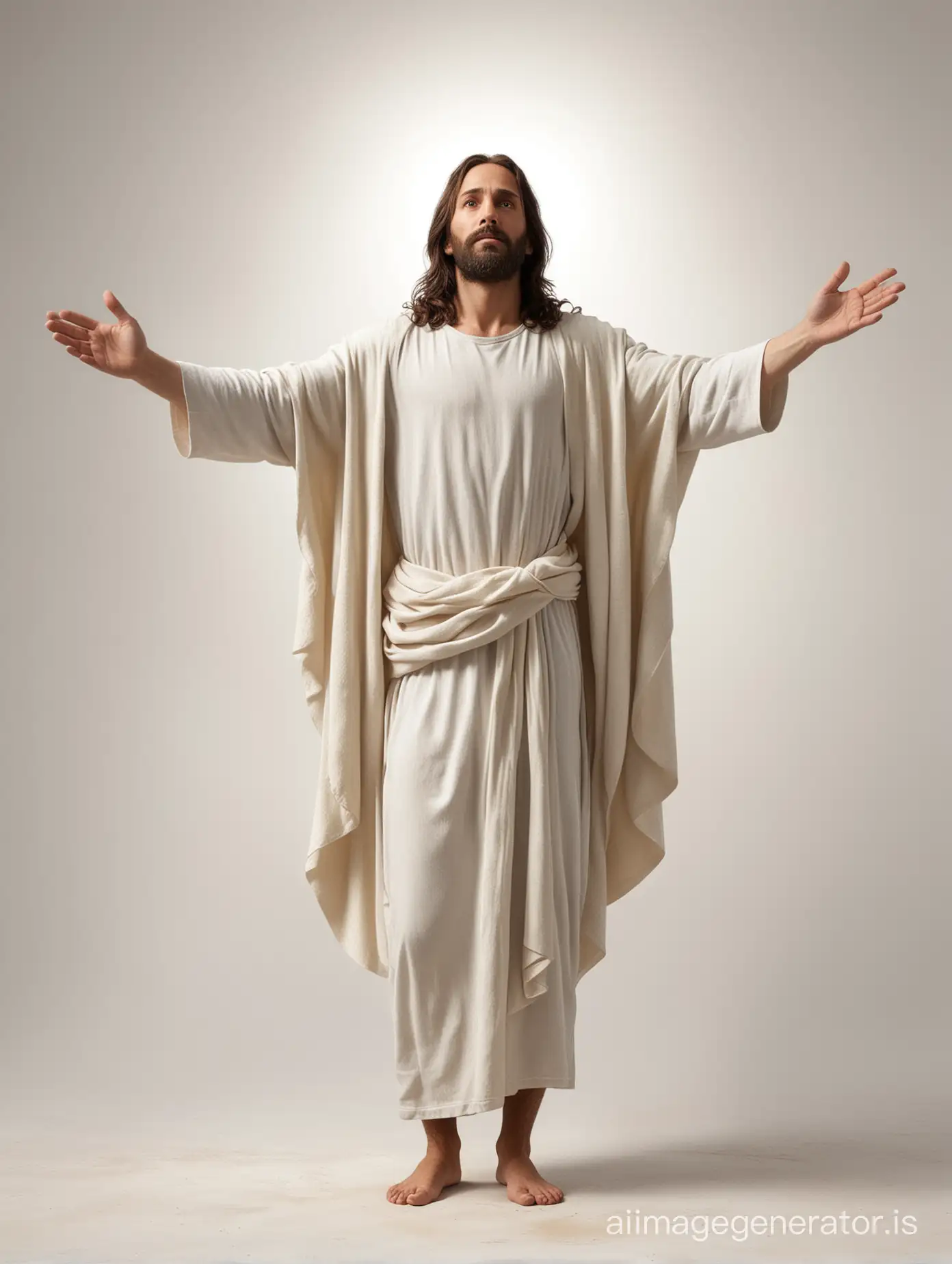 realistic picture of jesus resurrection, staring straight forward, full body, spread his arms, white bacground