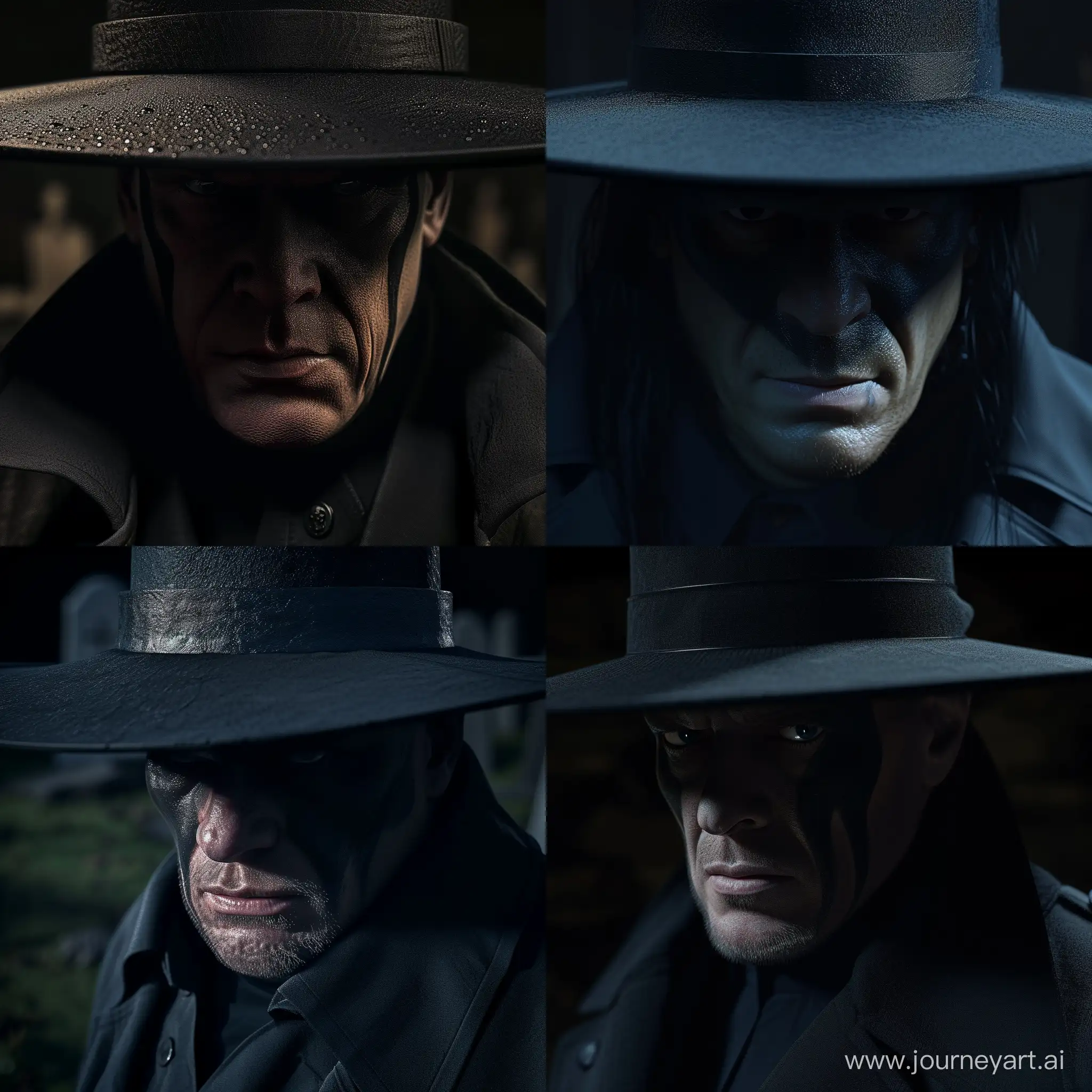 WWE superstar The Undertaker at the dark graveyard. Wearing his iconic black hat and trench coat. Close up to his face. Realistic image.