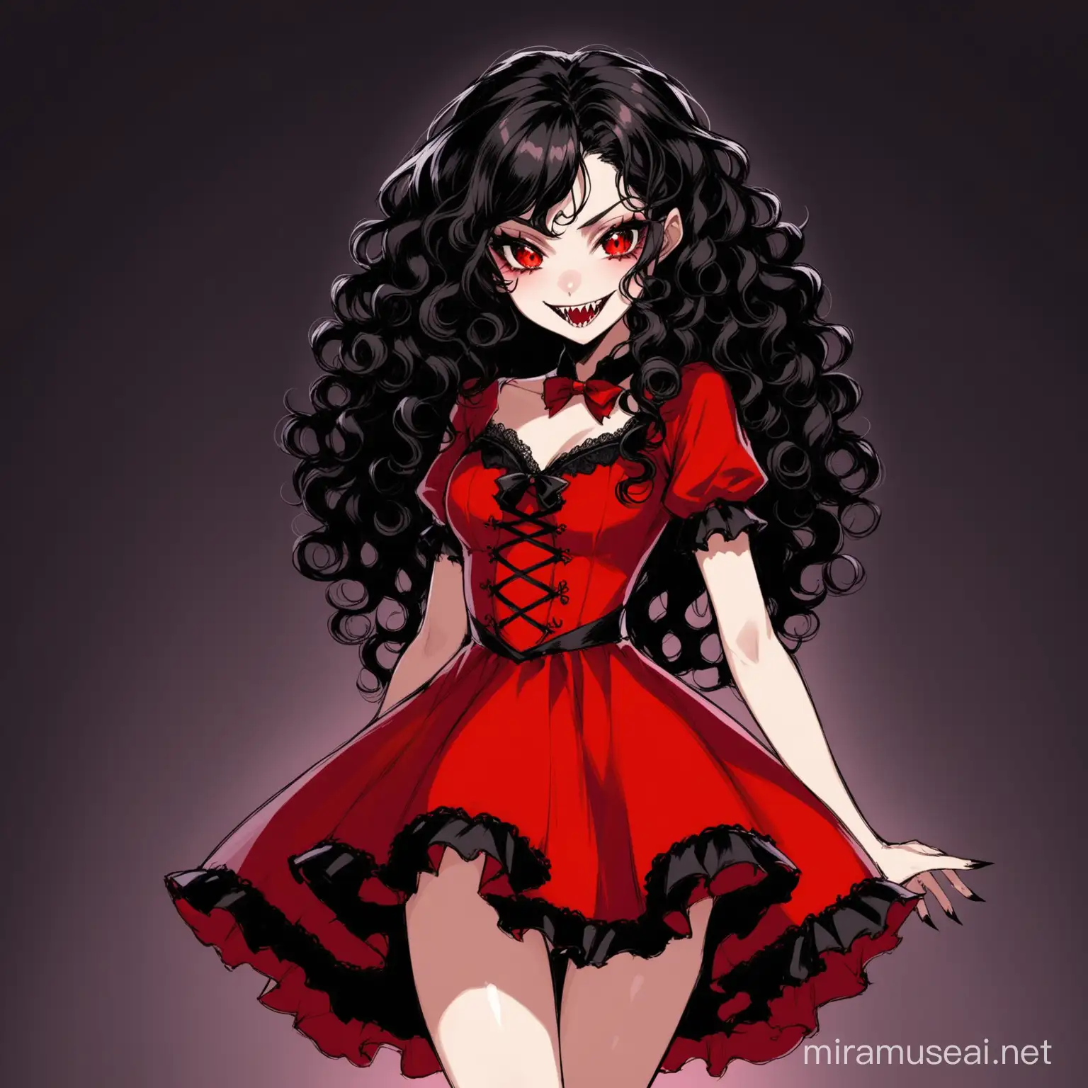 black vampire teenager, with very curly hair, a very provocative short black and red dress, she has red eyes, a malicious and sexy smile