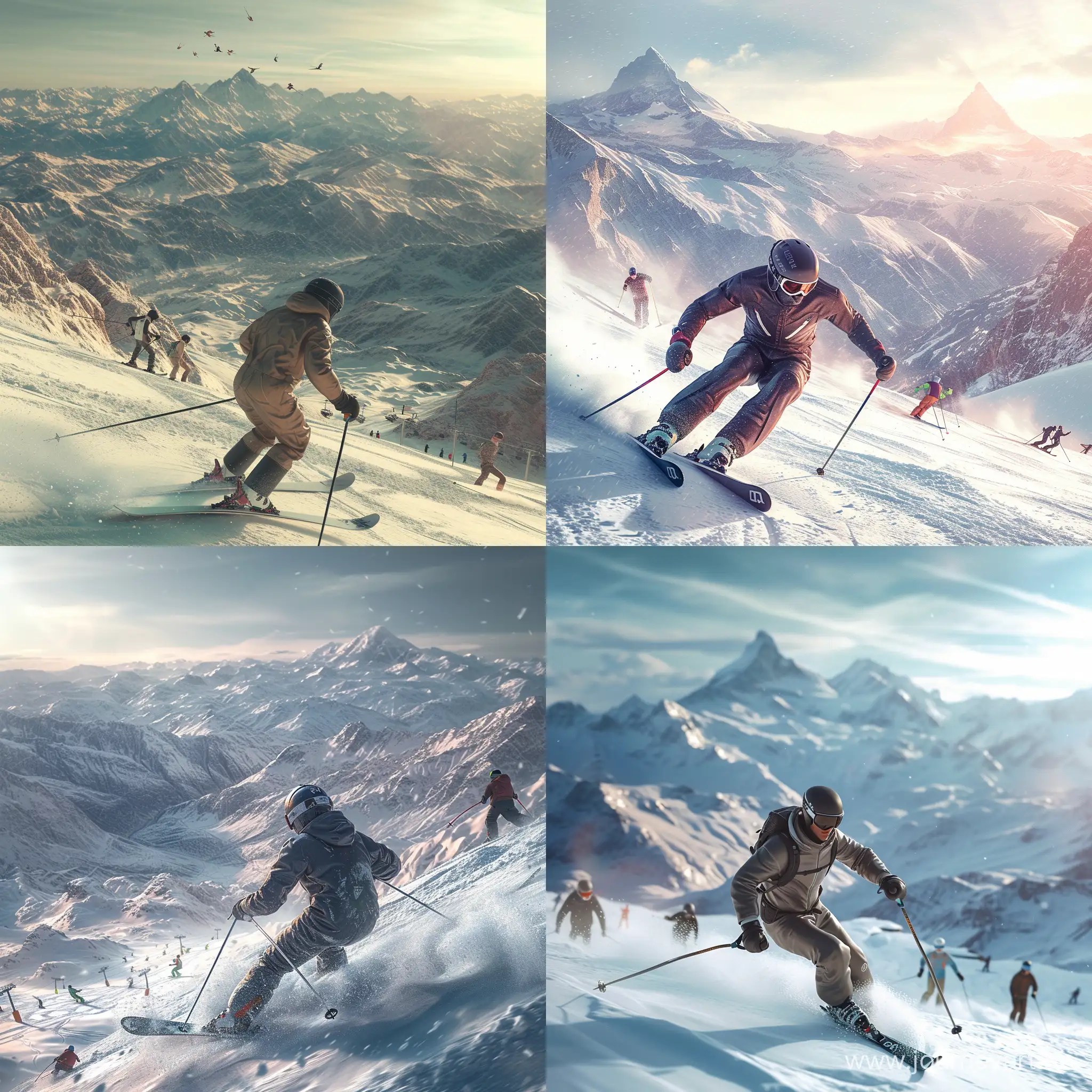 RAW photography, full frame, warmth, man in a ski suit rushes down the mountain on downhill skis, skiers and snowboarders are around, snow-capped mountains in the distance on the horizon, voluminous light, aesthetic, masterpiece, realistic rendering, high detail ,deep rendering of the background, hyperrealistic, photorealistic